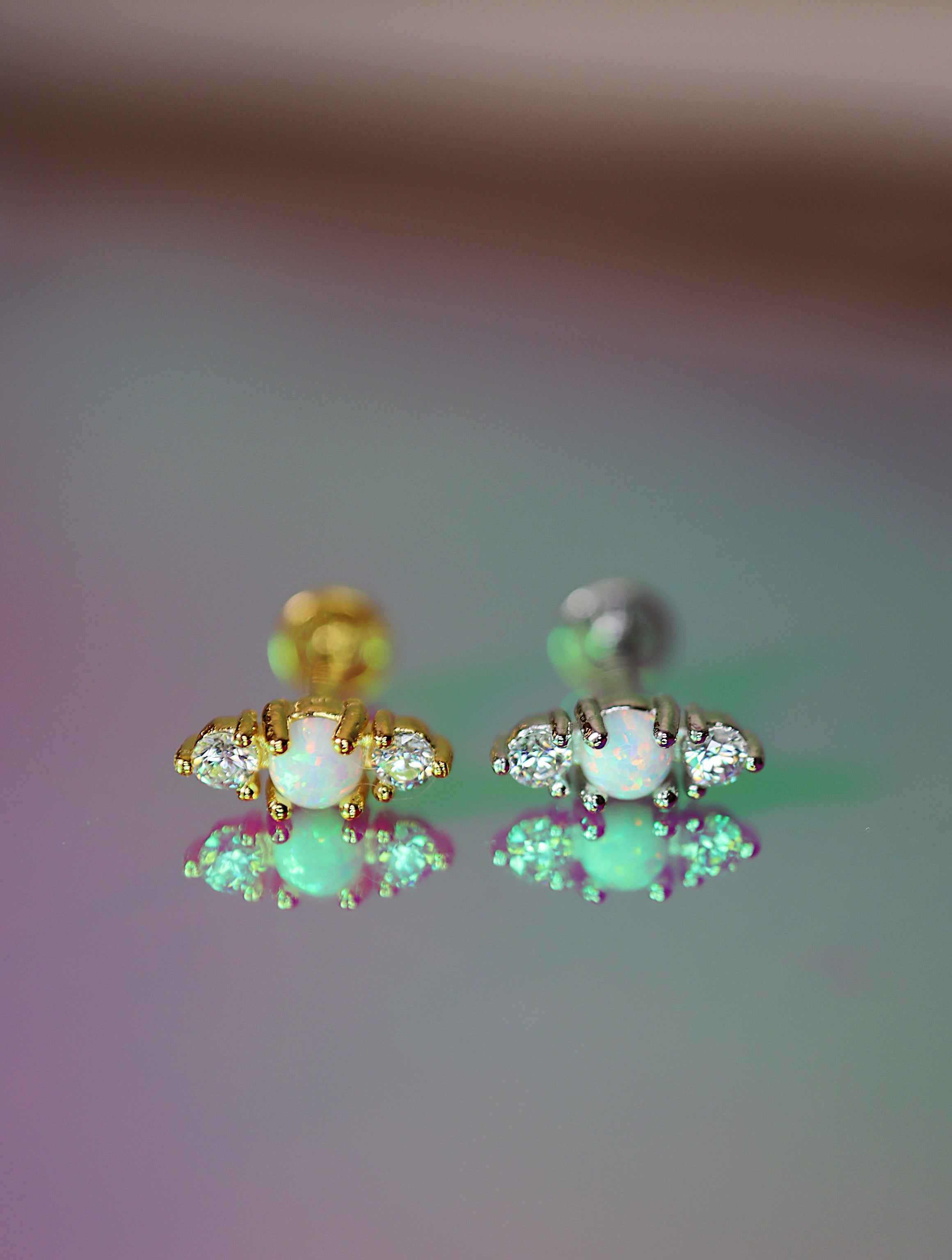 Opal cz bar 925 silver flat back earring piercing