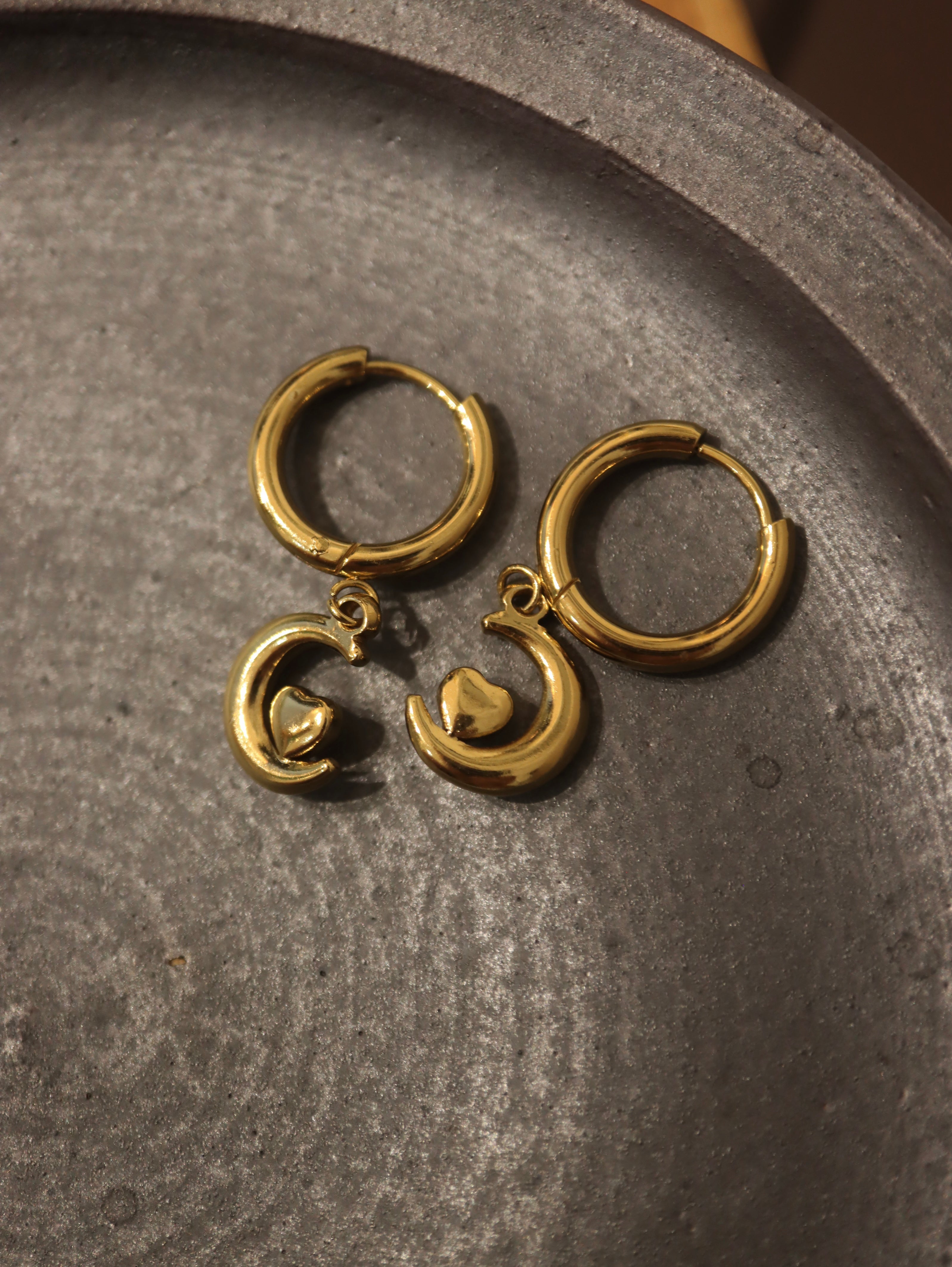Hoop drop crescent heart stainless steel earrings