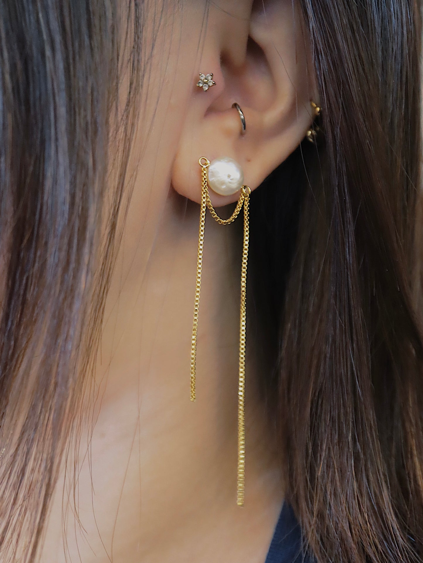 Pearl drop chain brass earrings