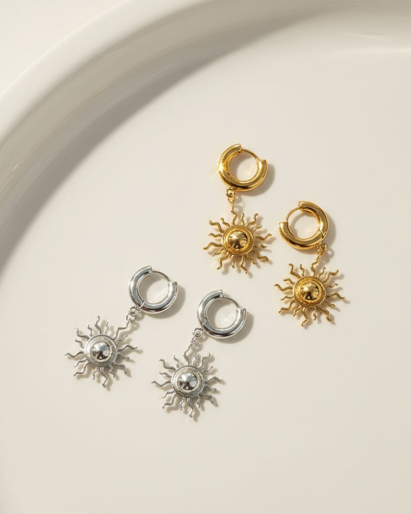 Hinged hoop drop rising sun earrings