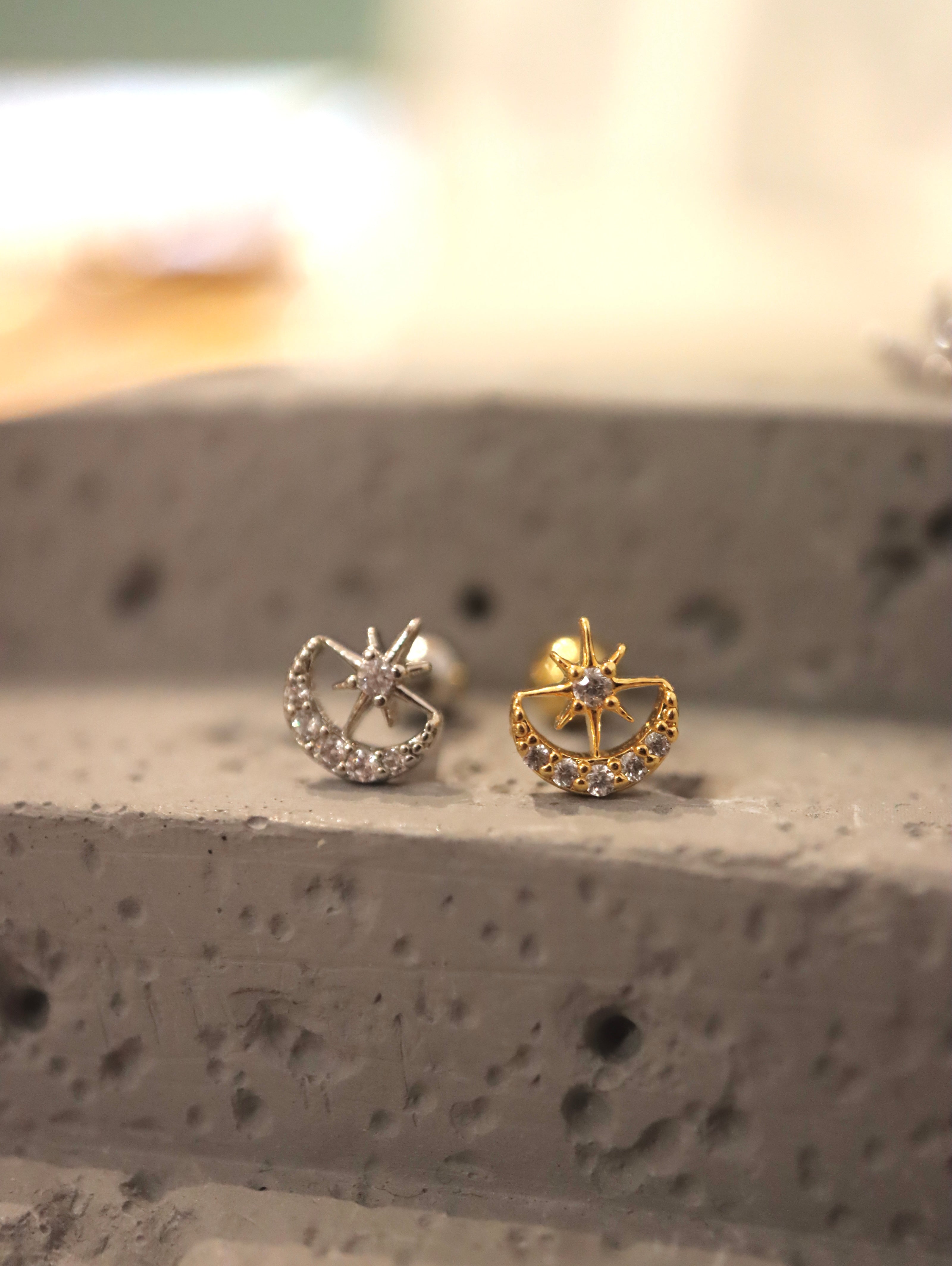 Crescent star stud surgical steel piercing earring (1pc)