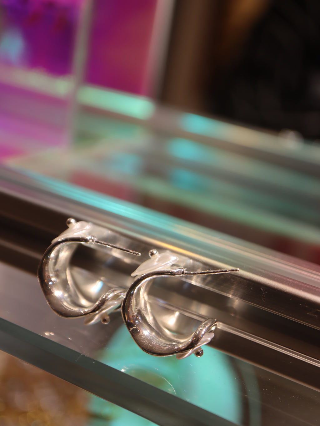 Pearl hoop silver tone earrings