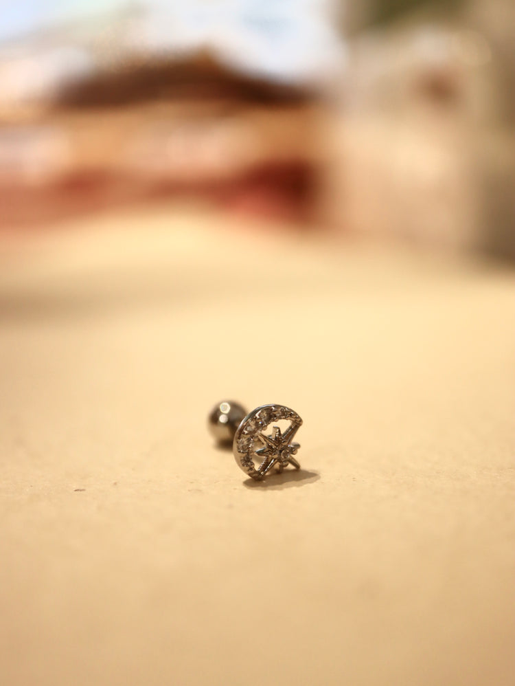 Crescent star stud surgical steel piercing earring (1pc)