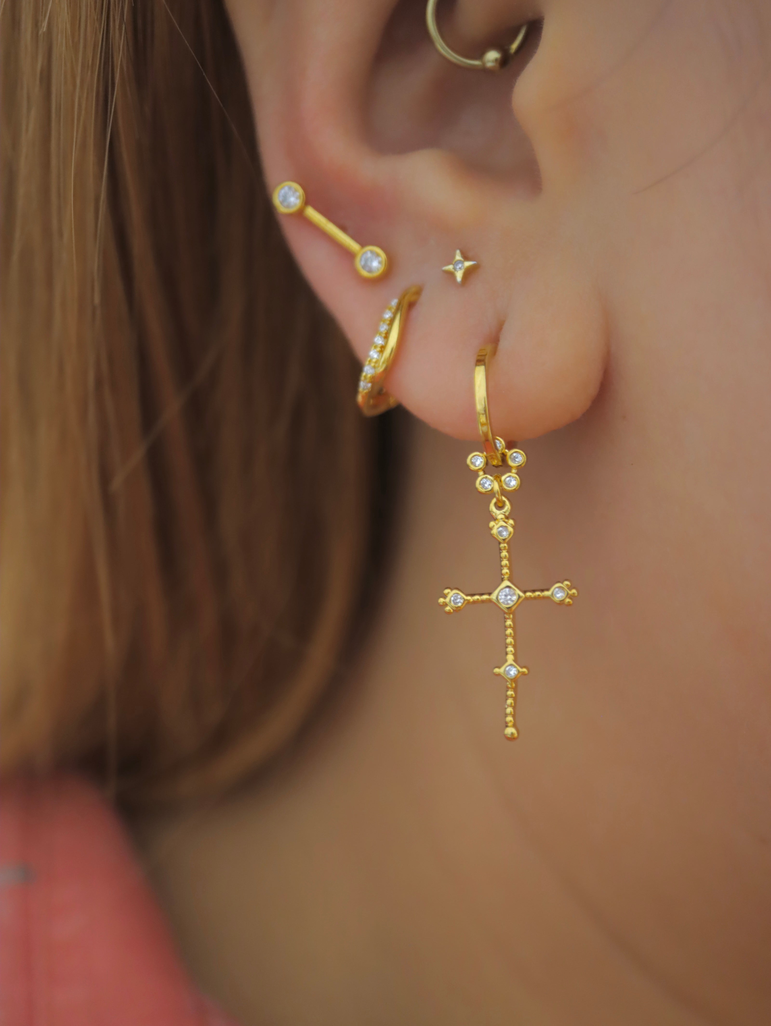 Drop cz cross brass earrings