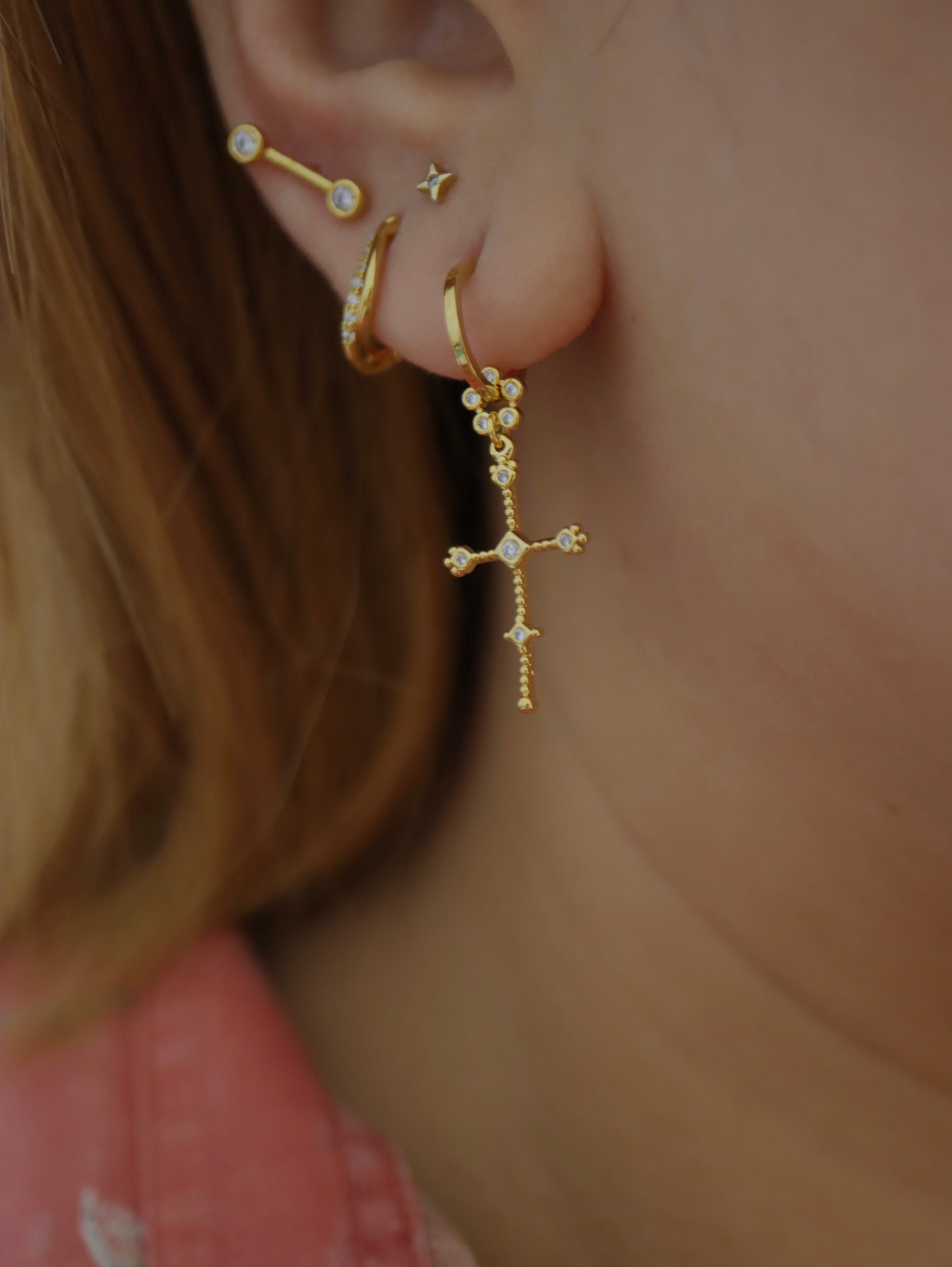 Drop cz cross brass earrings