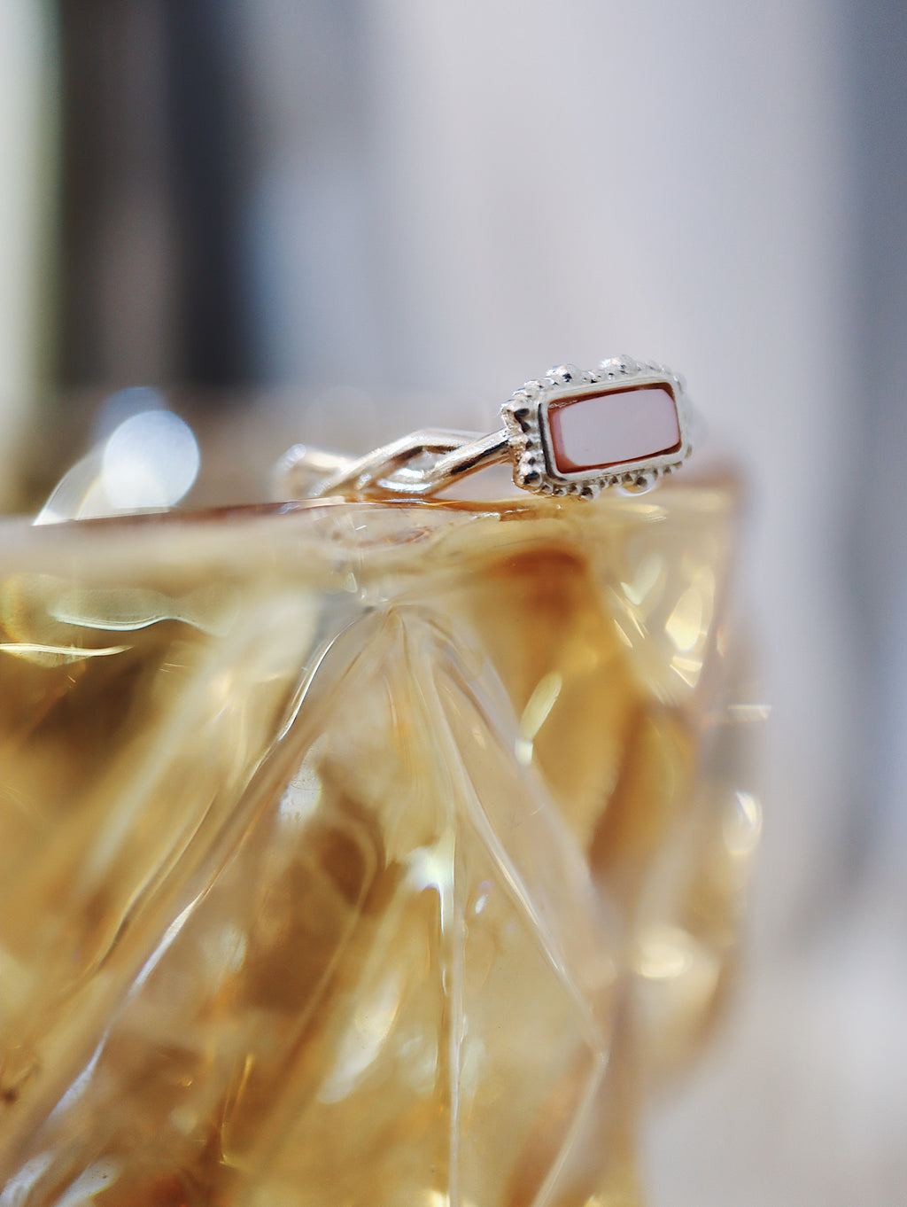 Rectangular pale pink stone 925 silver ring