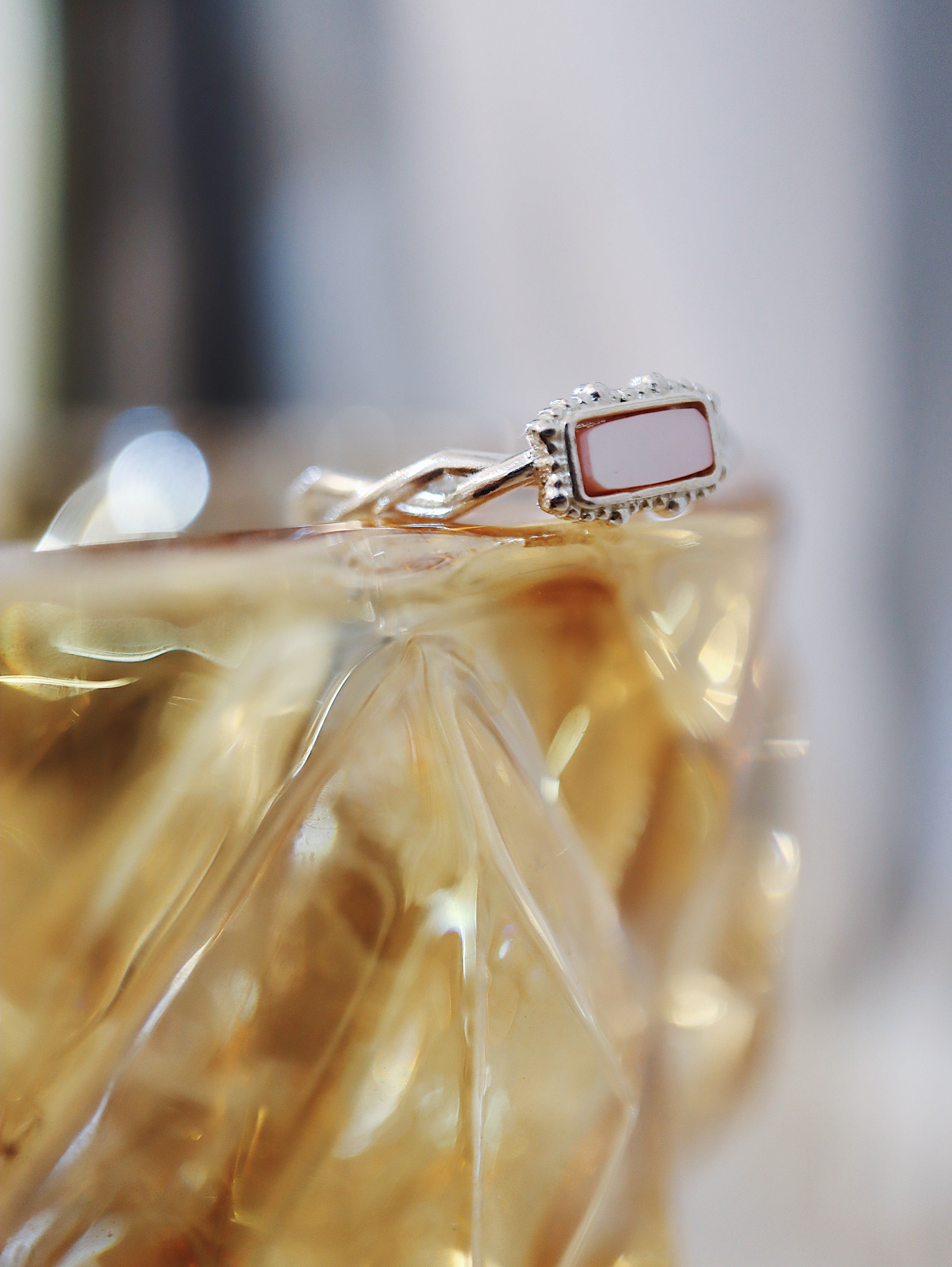Rectangular pale pink stone 925 silver ring