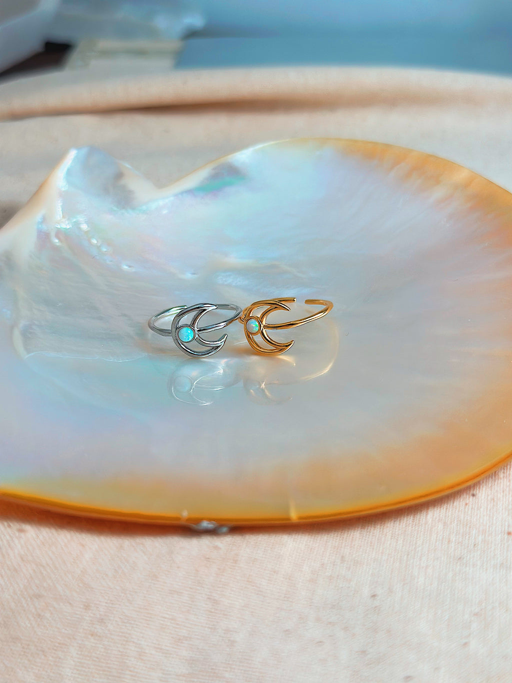 Crescent moon outline opal ring