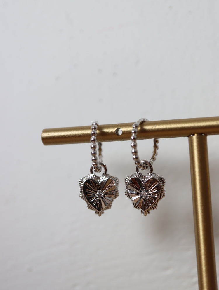 Drop heart hinged hoop silver 925 earrings