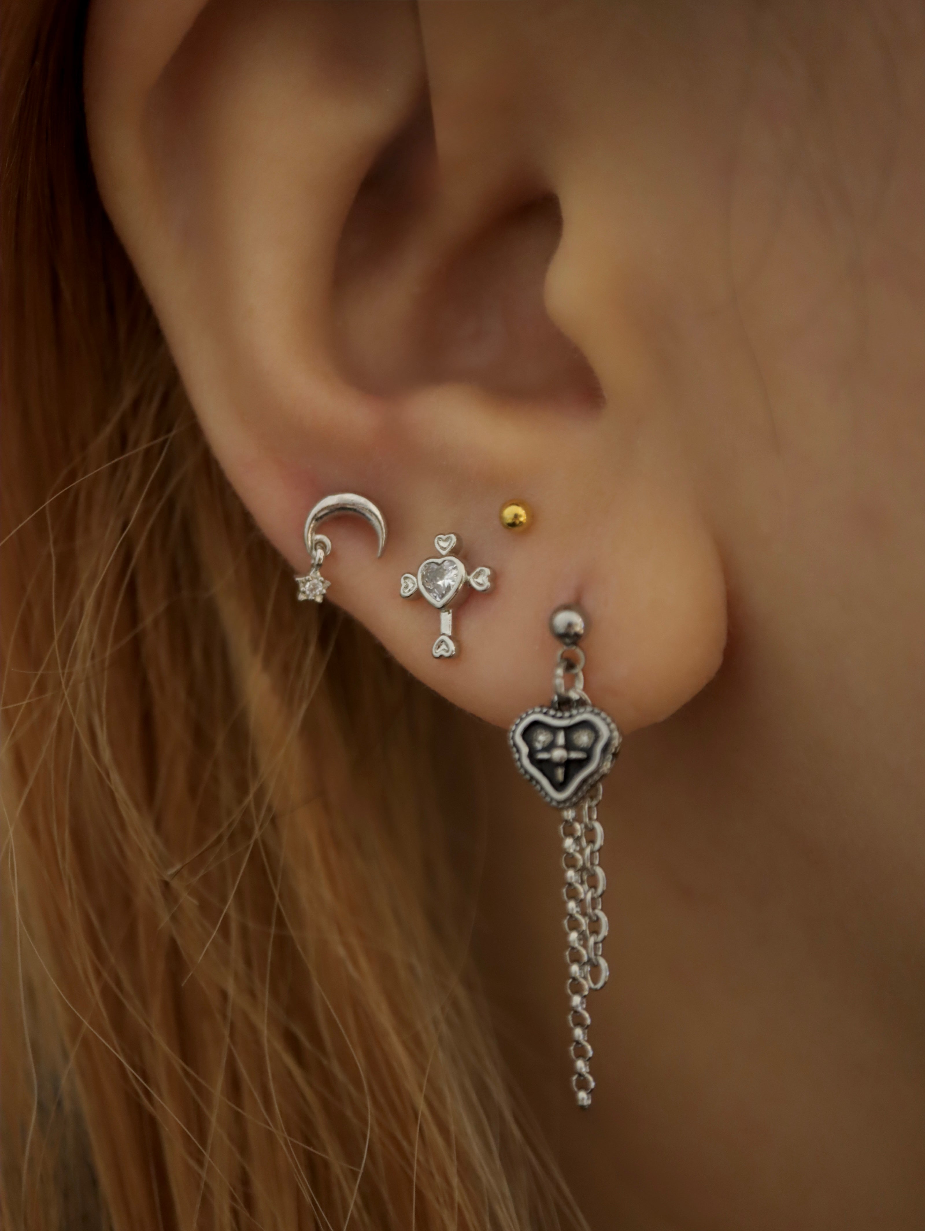Cross heart cz surgical steel stud earring piercing (1pc)