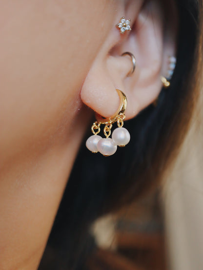 Triple pearl brass earrings