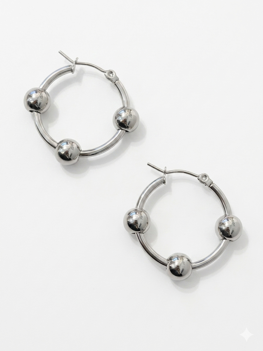 Triple Bead Hoop Stainless Steel Earrings