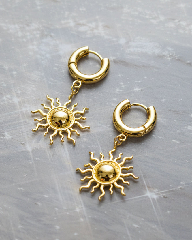 Hinged hoop drop rising sun earrings