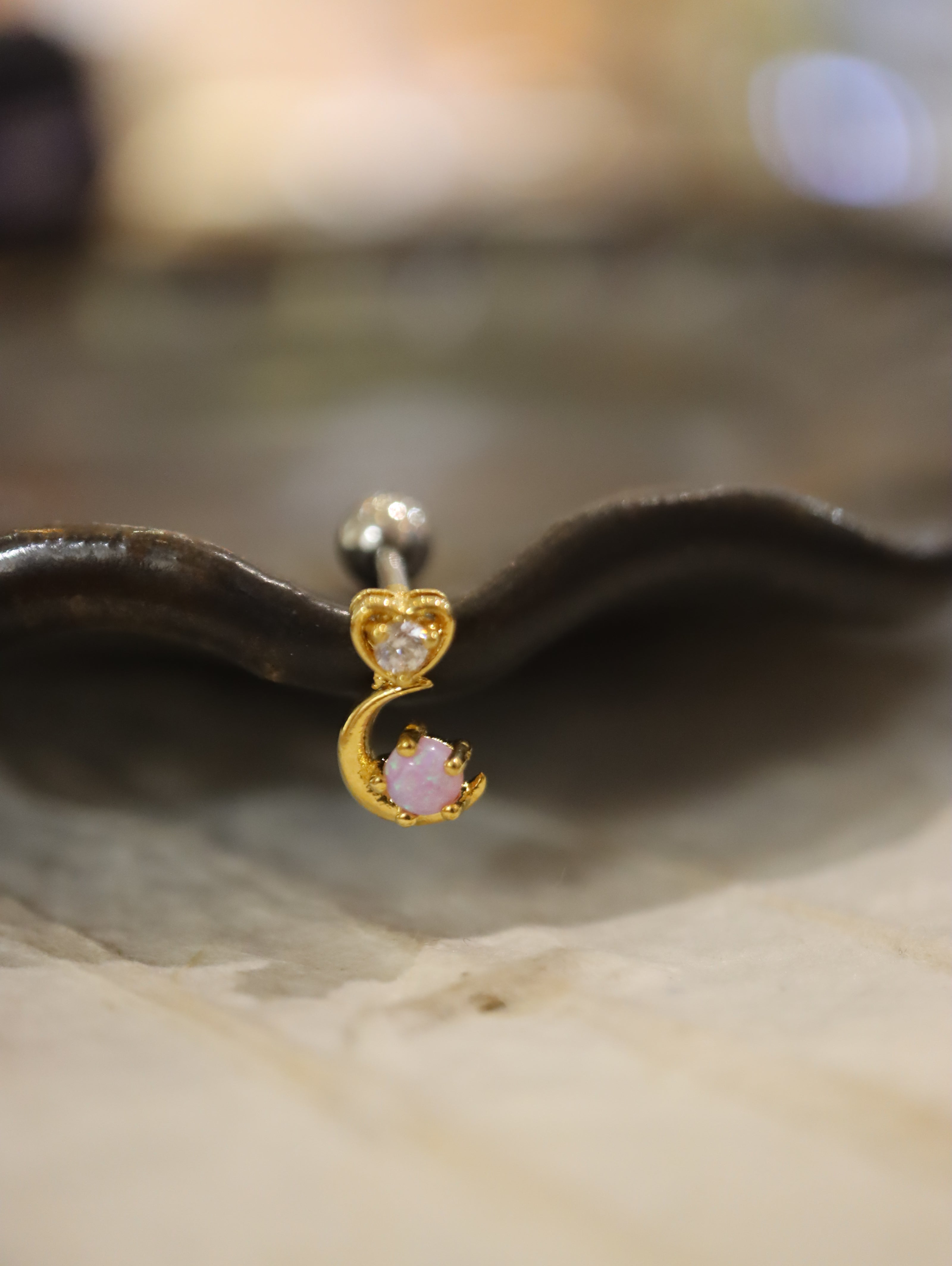 Heart crescent Opal surgical steel stud earring piercing (1pc)