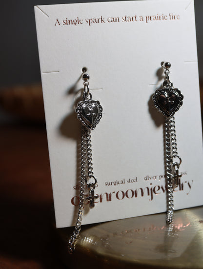 Long drop cross heart earrings