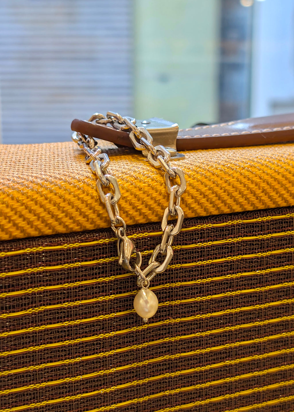 Interlock raw pearl stainless steel bracelet