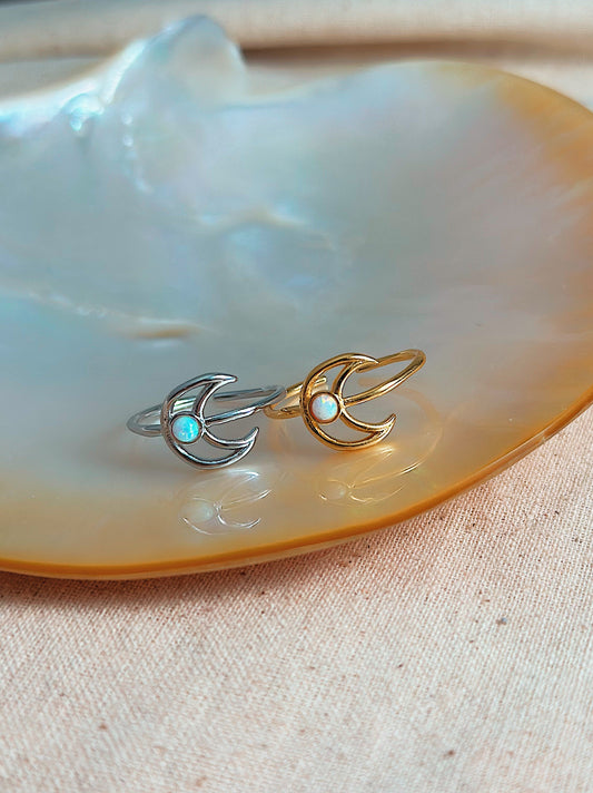 Crescent moon outline opal ring