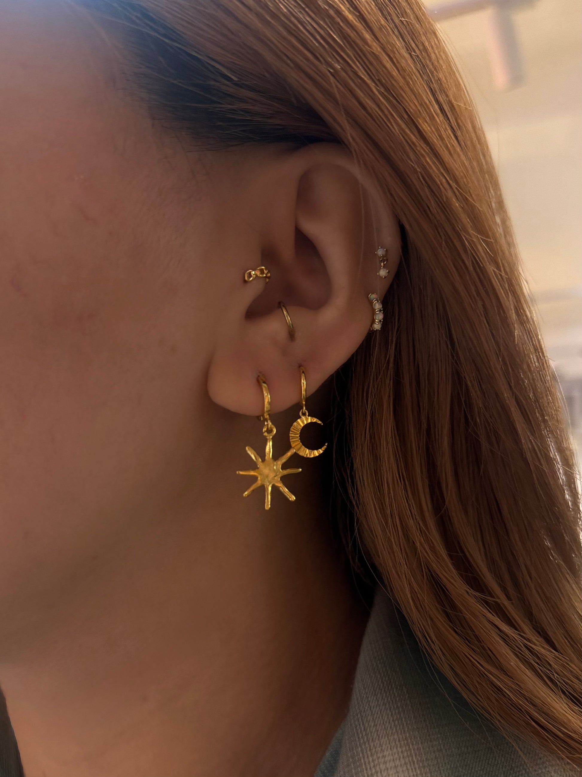 Hinged hoop drop crescent earrings