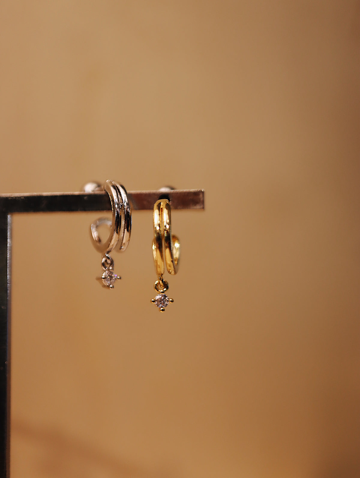 Double hoop mini drop cz earring