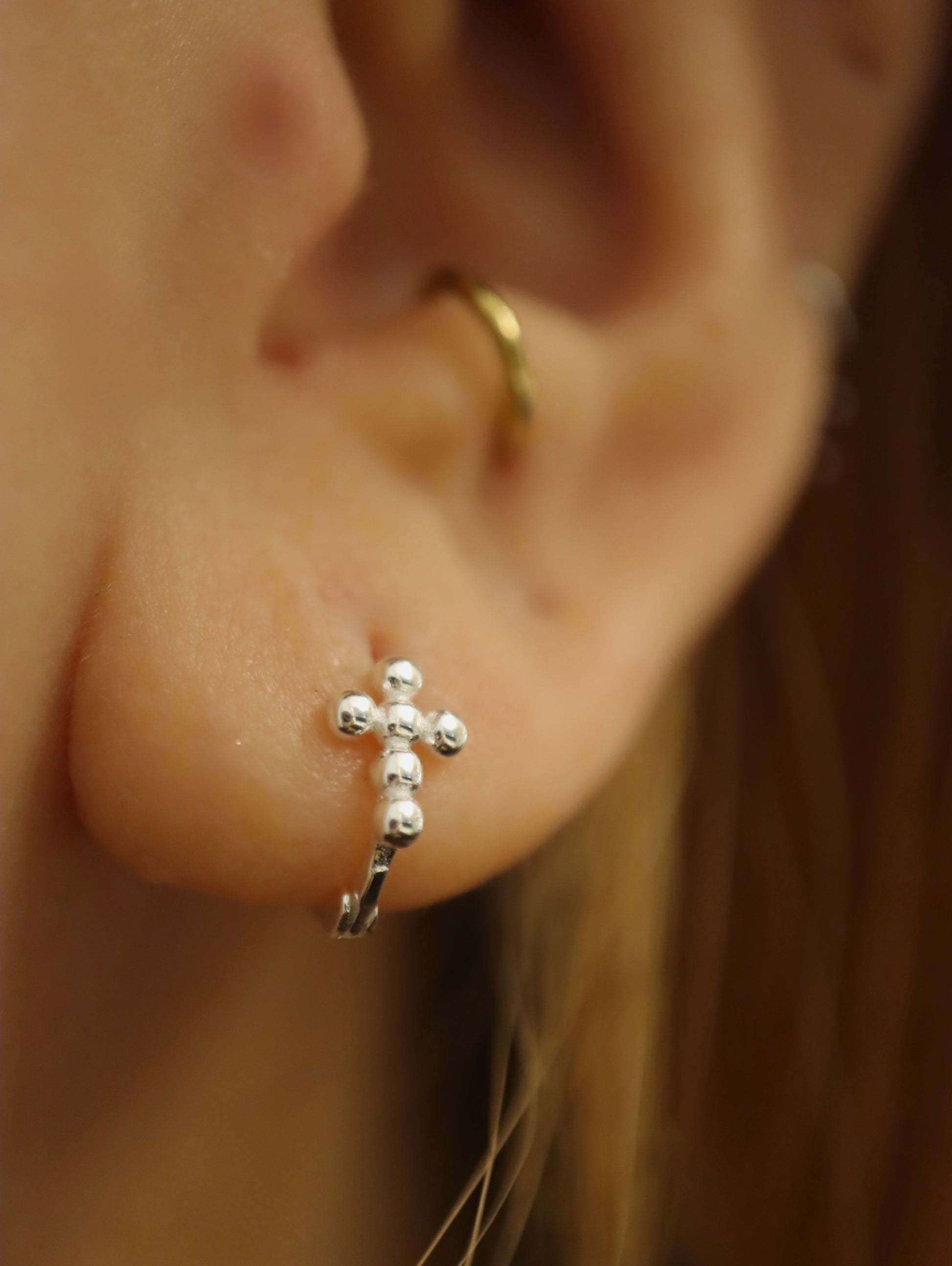 Cross bead 925 silver hinged hoop earrings