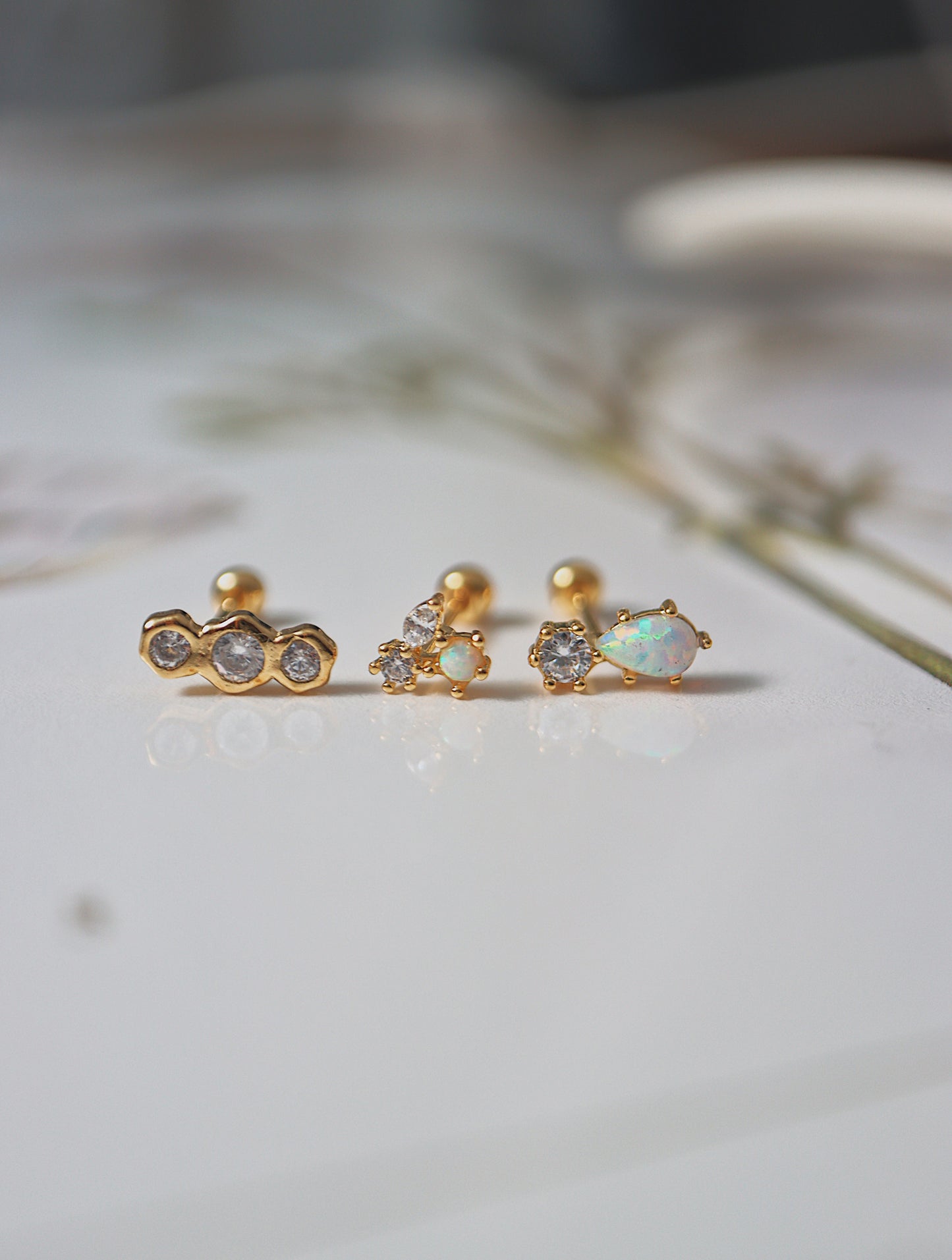 Opal & cz trio silver925 piercing