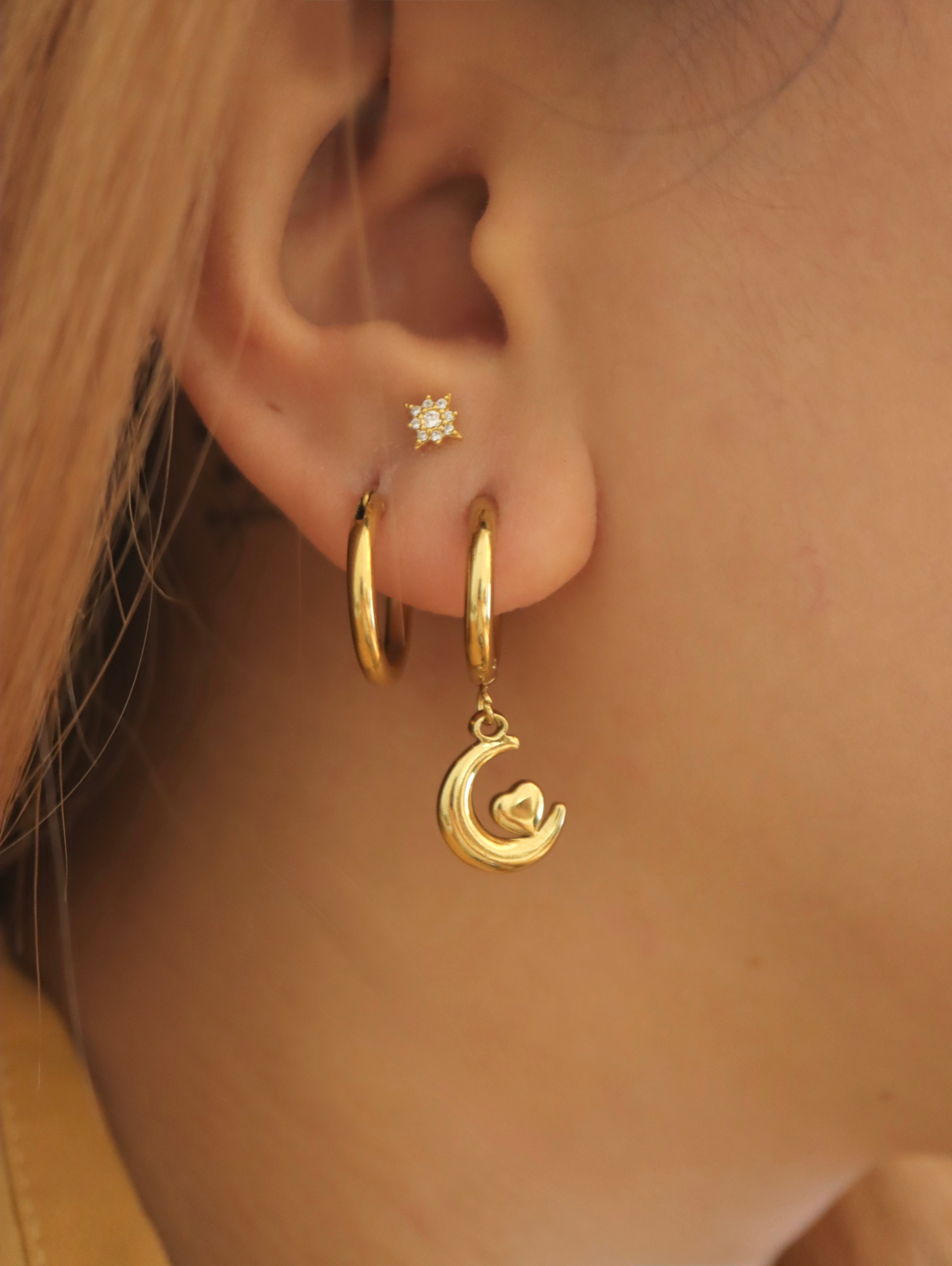 Hoop drop crescent heart stainless steel earrings