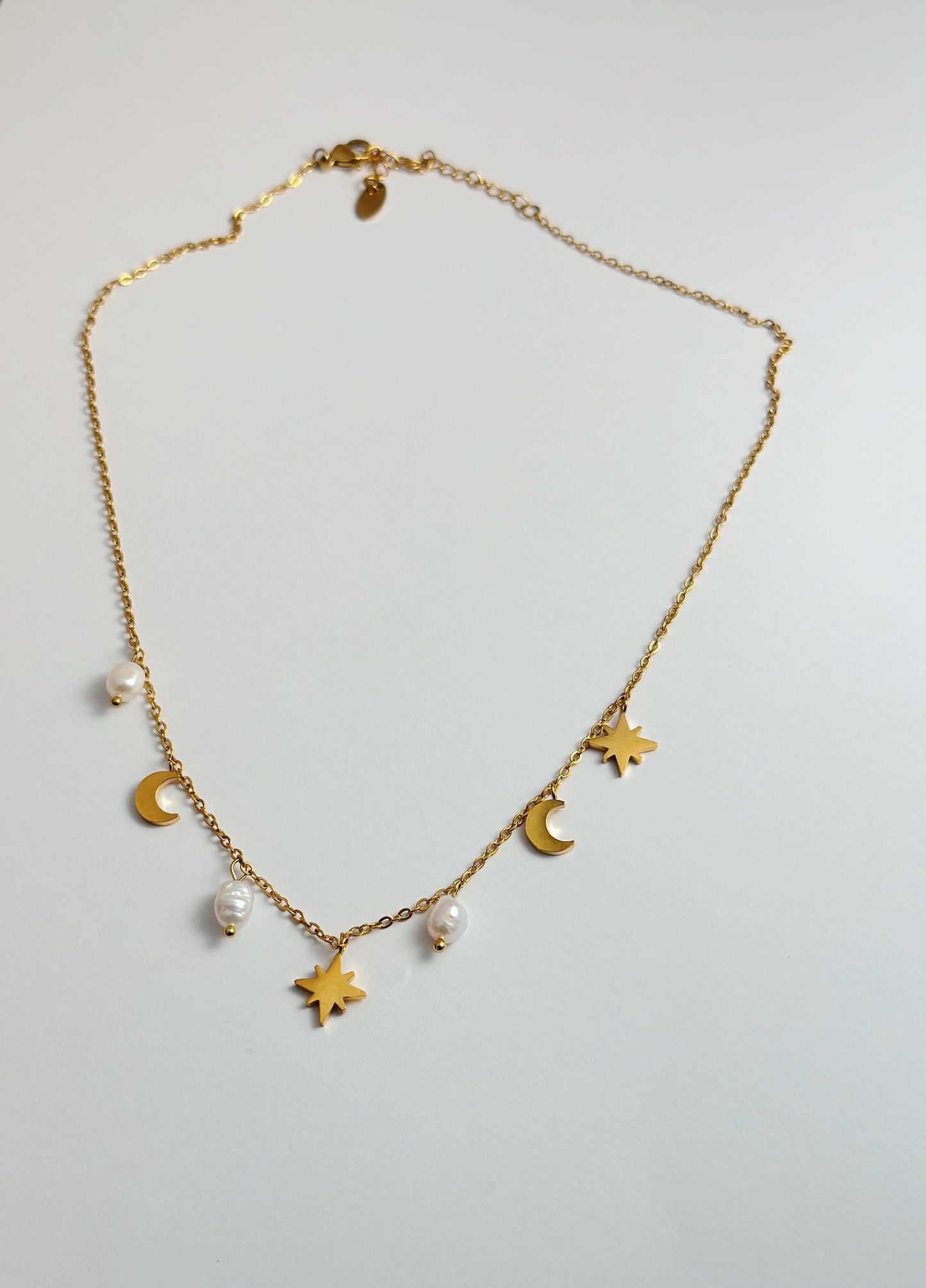 Star crescent & pearl stainless steel necklace