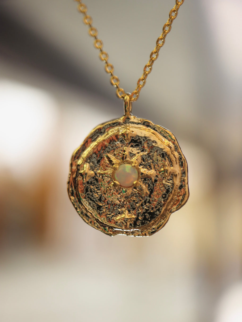 Opal coin brass necklace