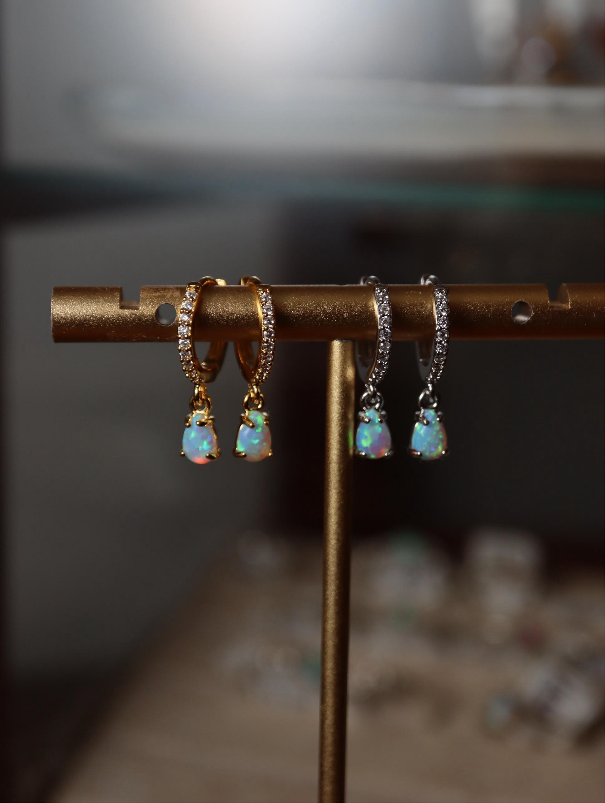 Opal cz S925 hinged hoop earrings