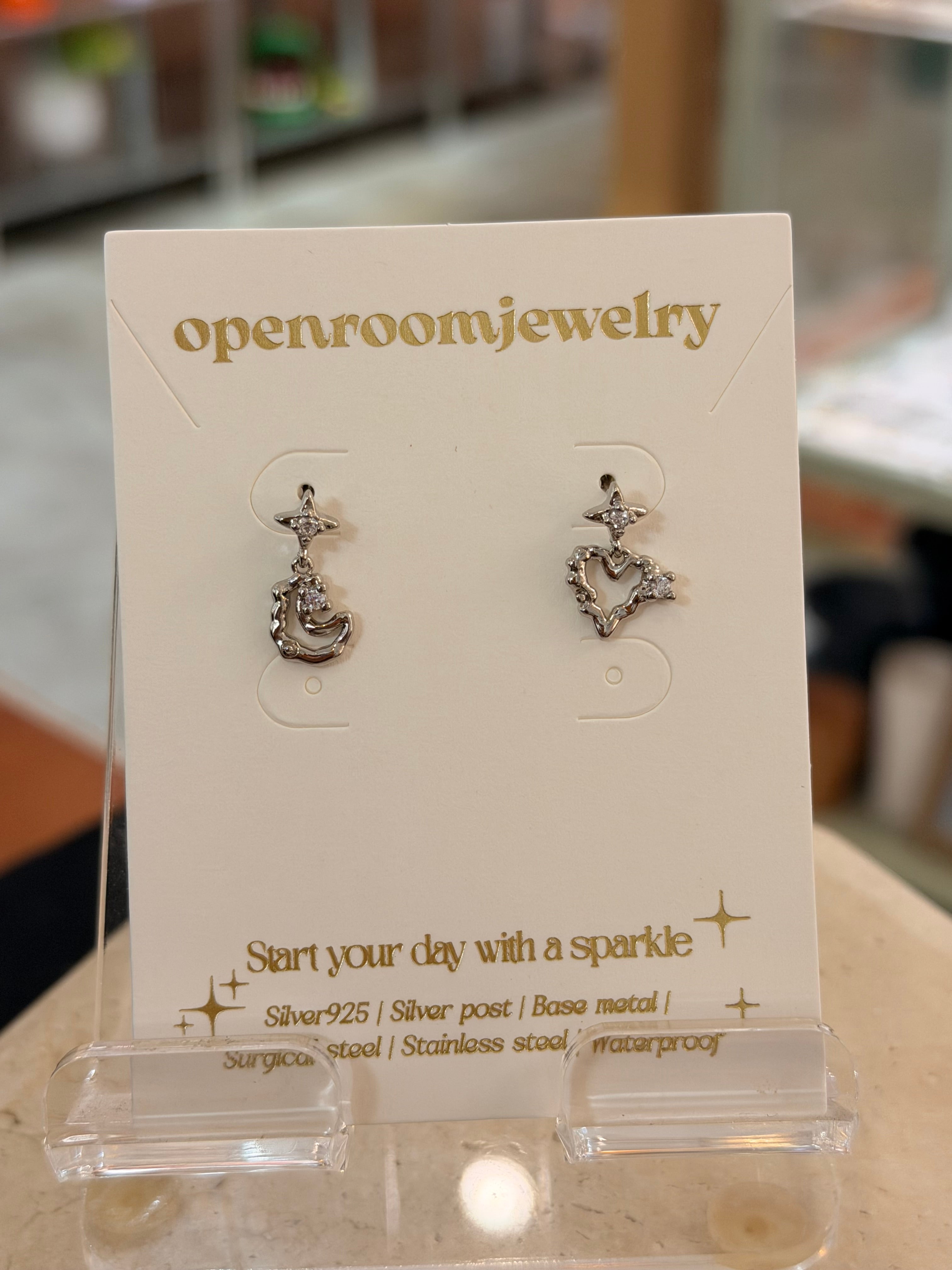 Sparkle drop heart & moon earrings