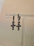 Hinged hoop drop cross earrings