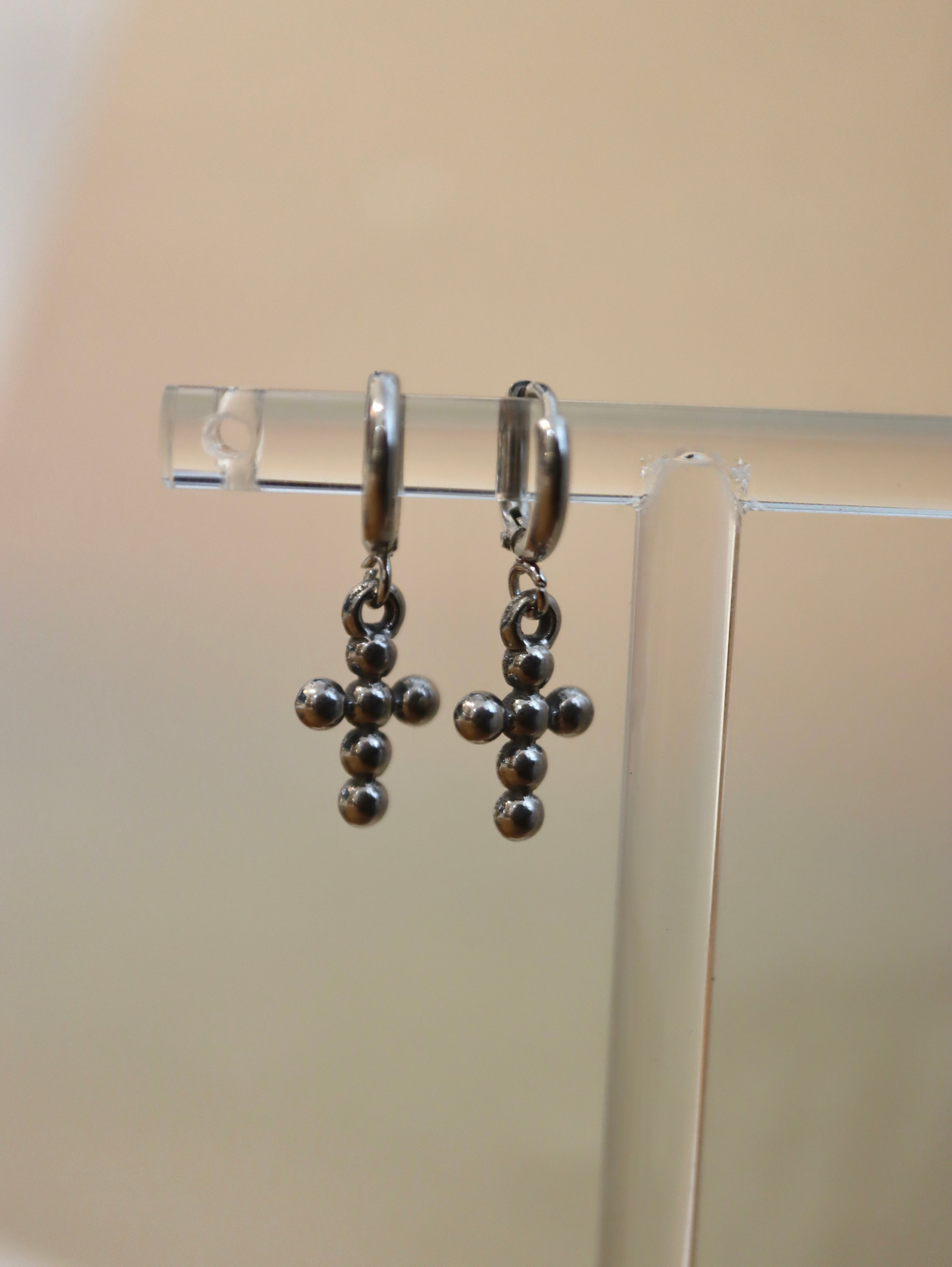 Hinged hoop drop cross earrings
