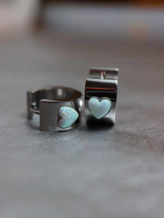 Surgical steel heart opal hoop earrings