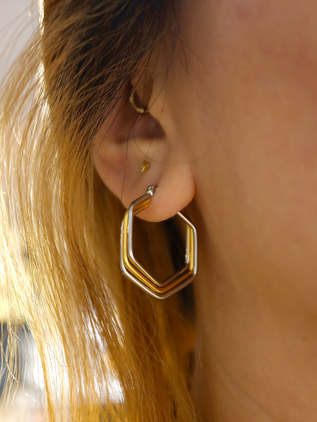 Hexagon stainless steel mix tone earrings