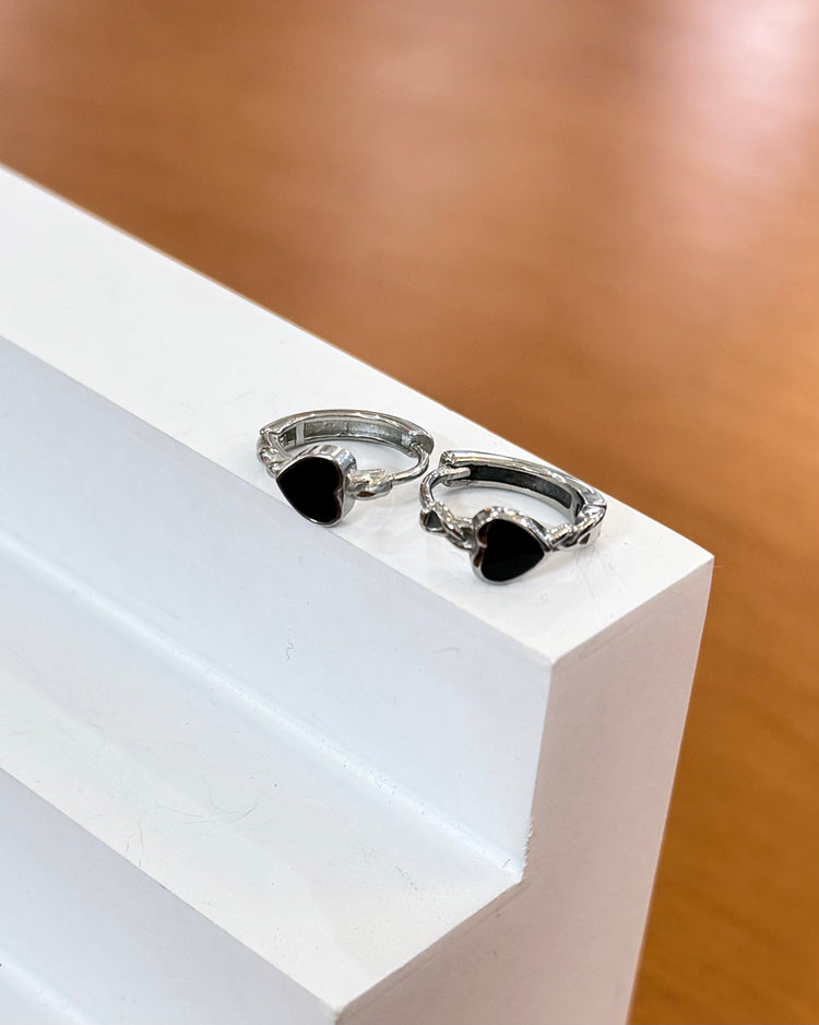 Black heart surgical steel hoop earrings