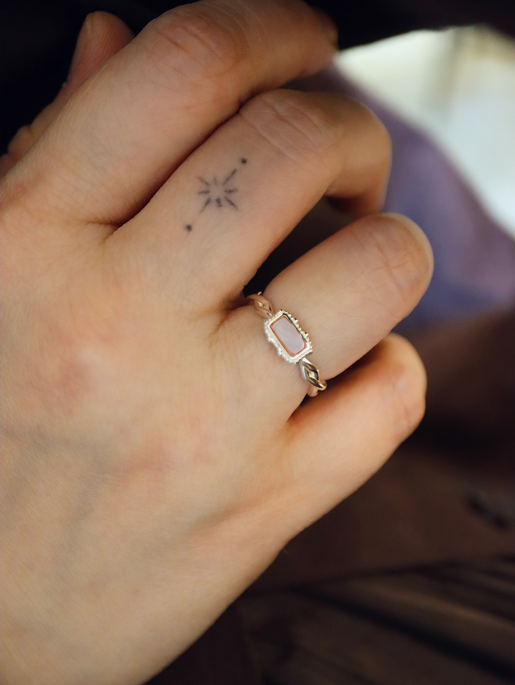 Rectangular pale pink stone 925 silver ring