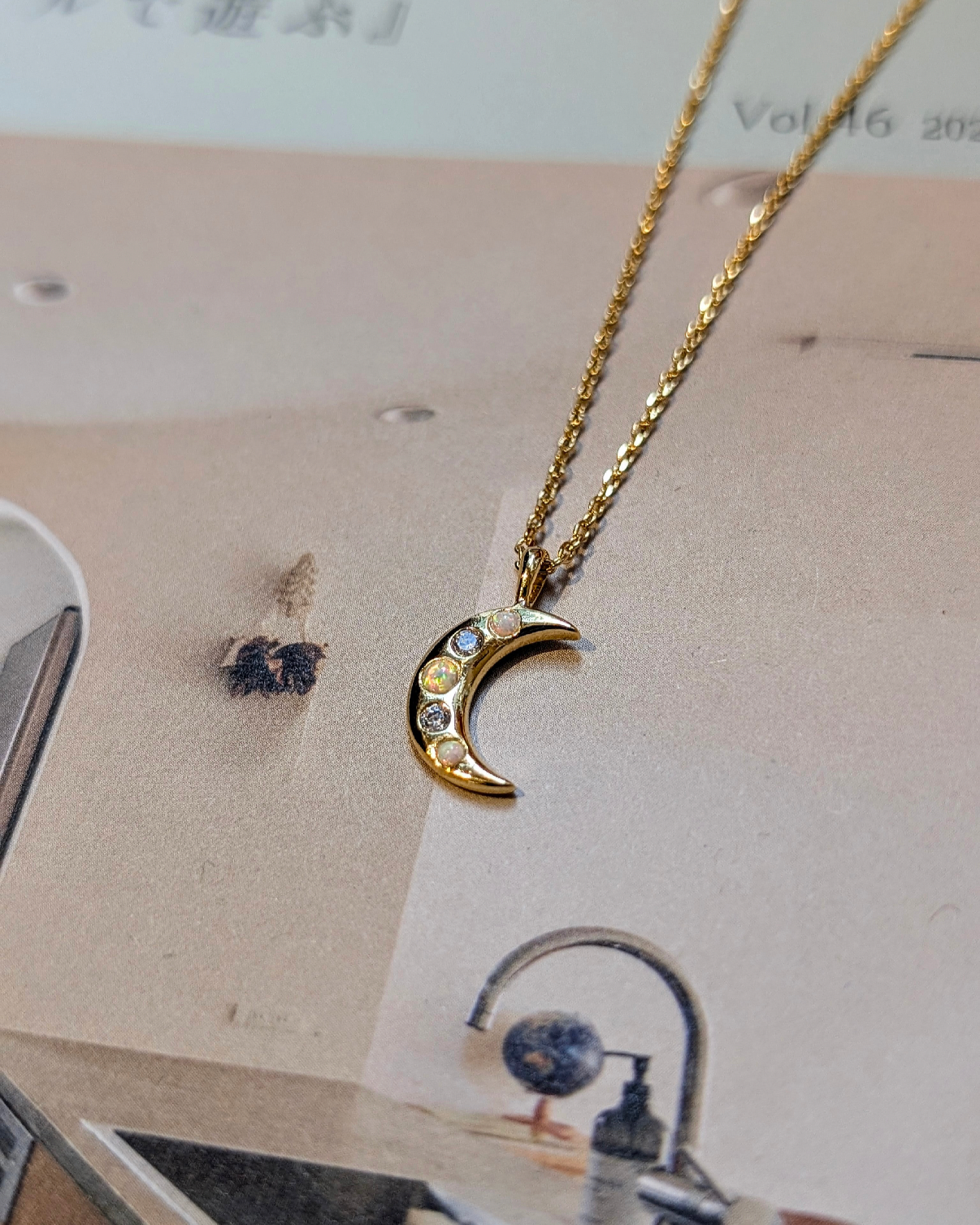 Crescent cz opal brass necklace