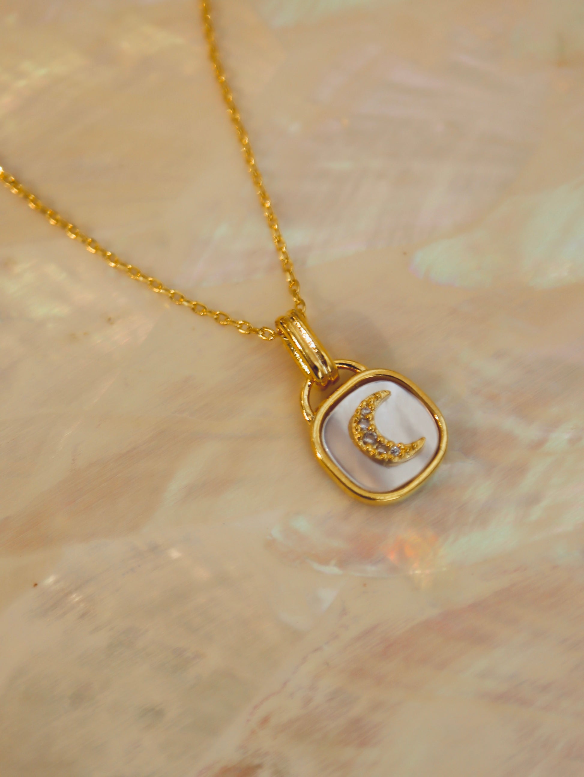 Crescent / sparkle shell coin necklace