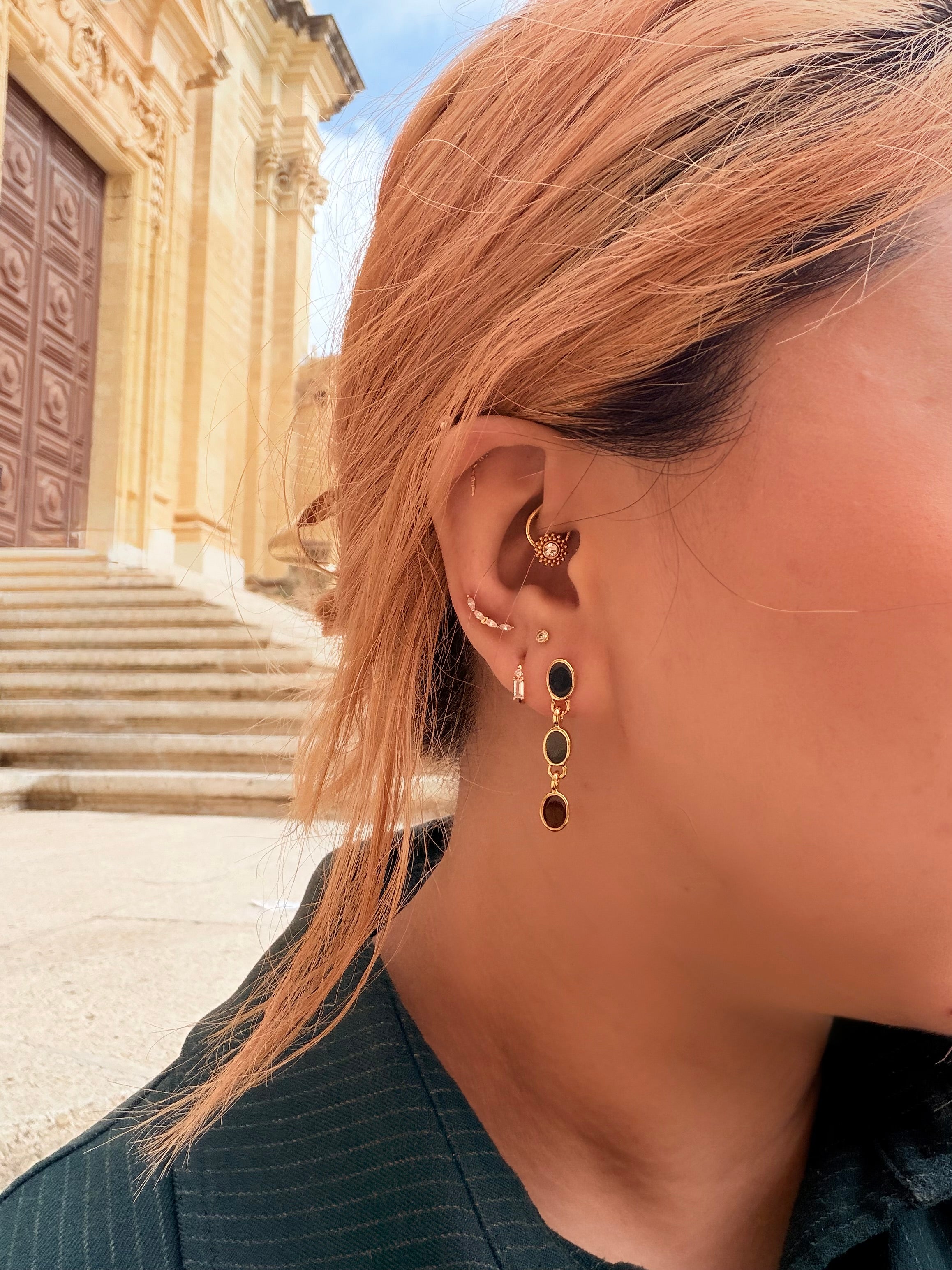 Drop coloured 24k golden plated brass earrings