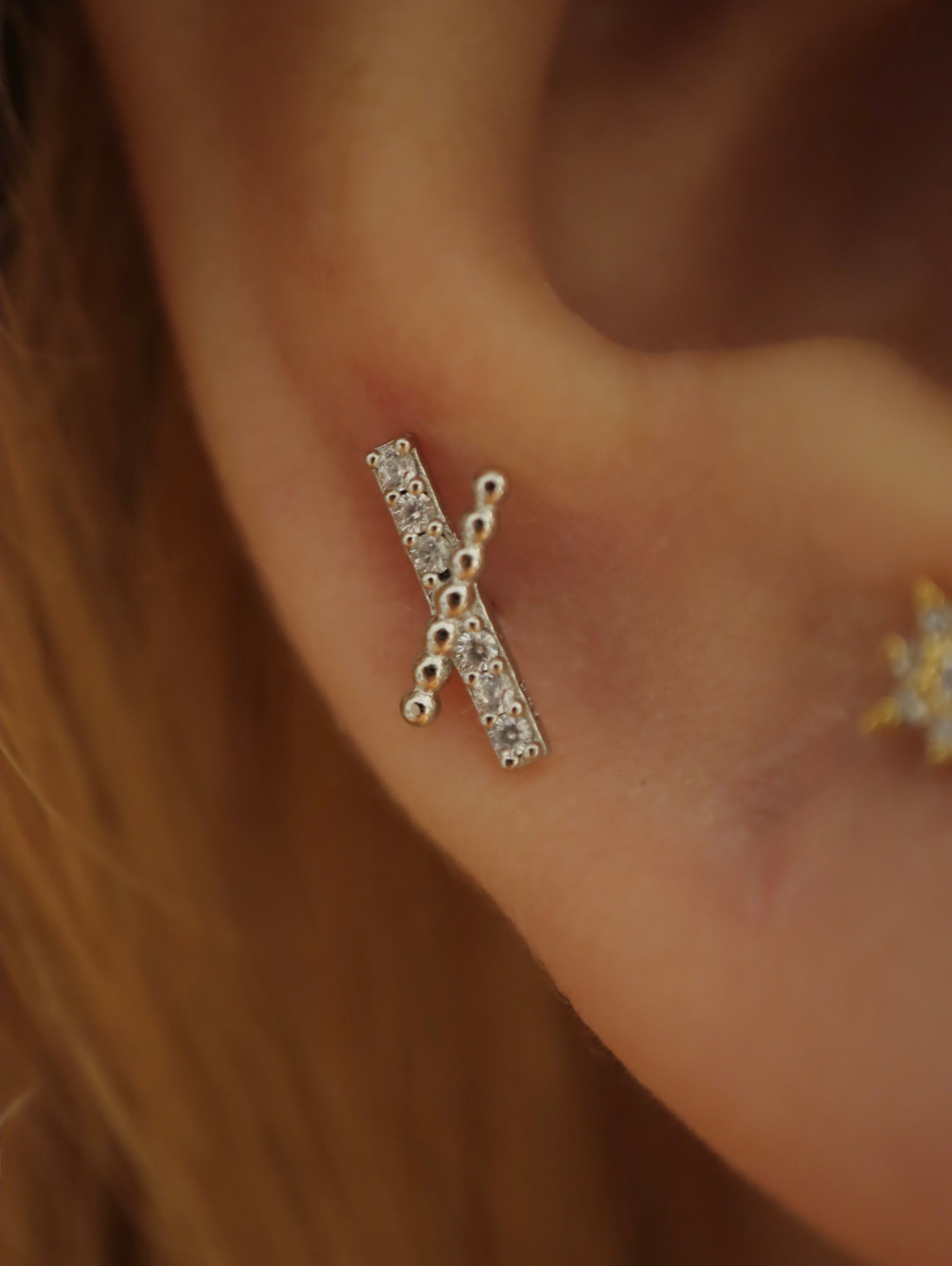 Cross CZ 925 Silver stud piercing earring (1pc)