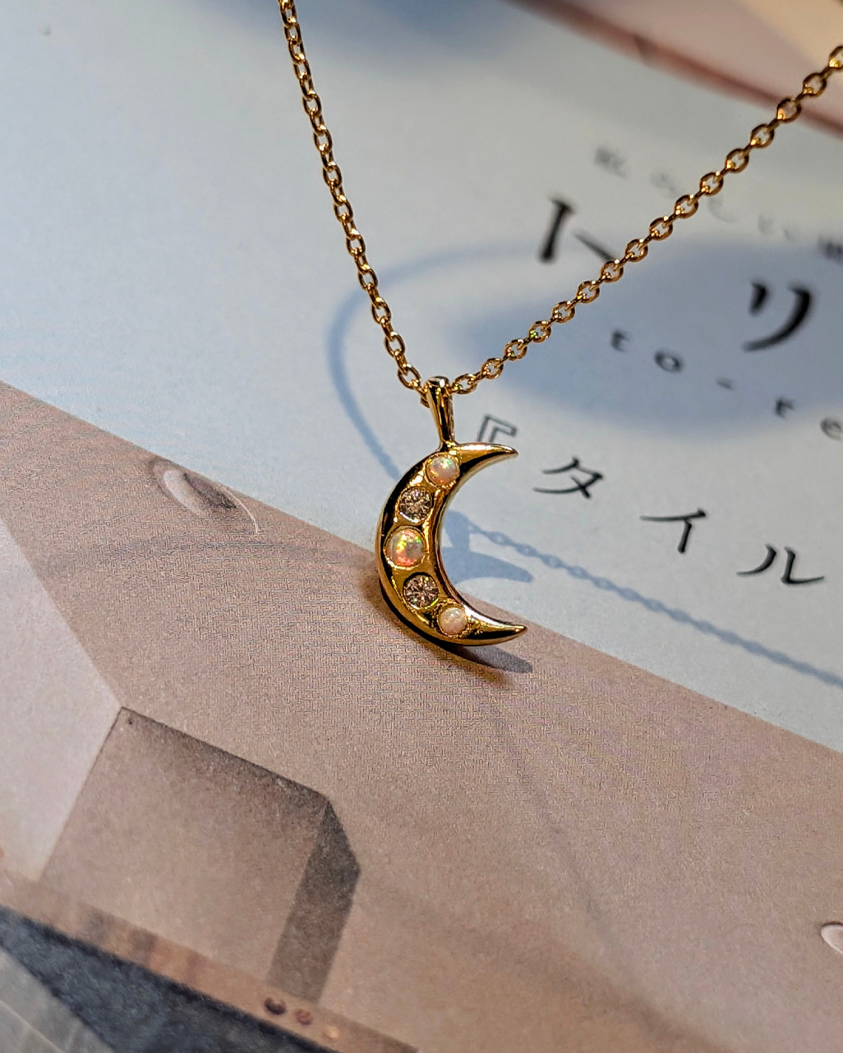 Crescent cz opal brass necklace