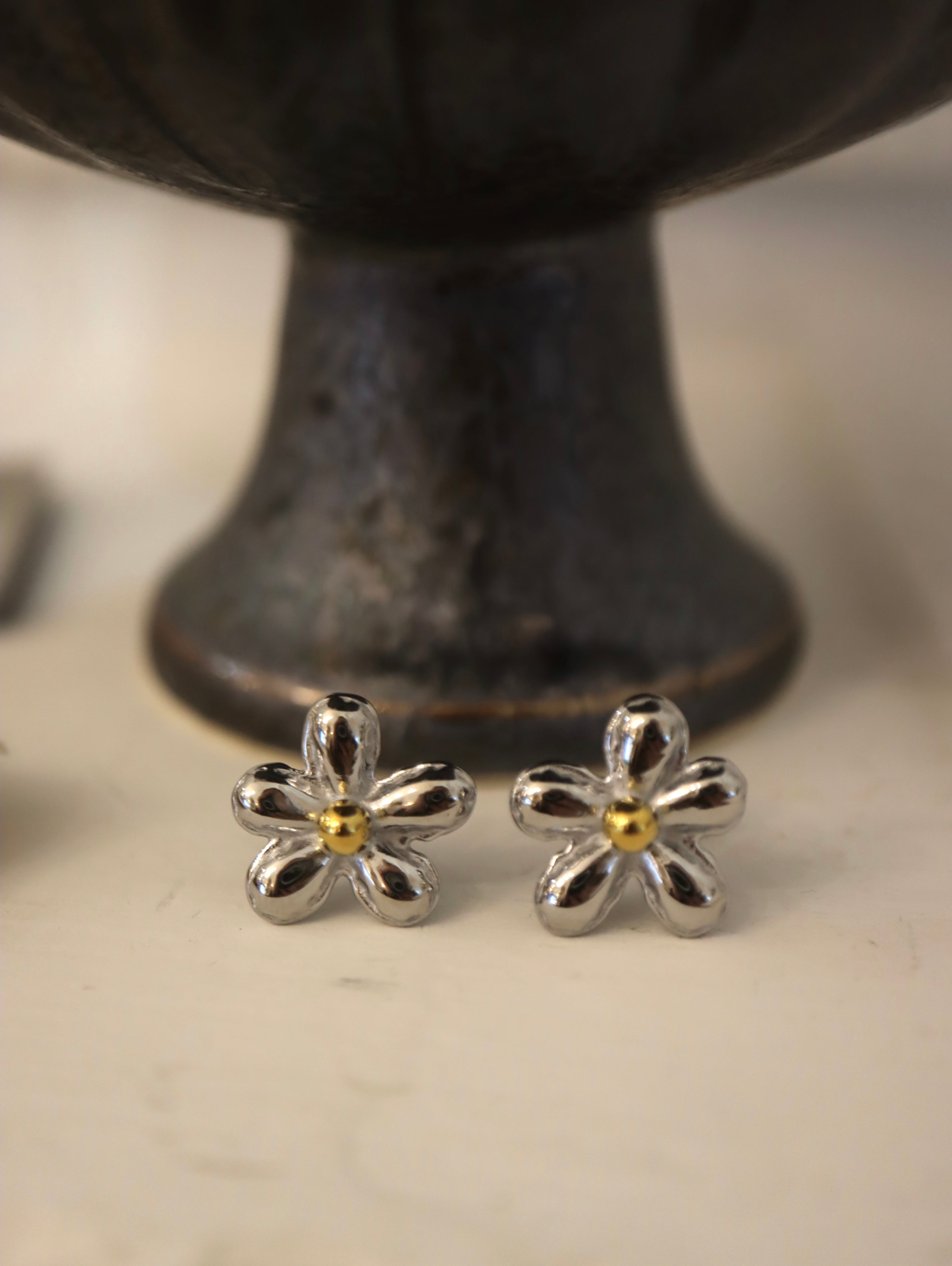 Mix tone stainless steel floral earrings