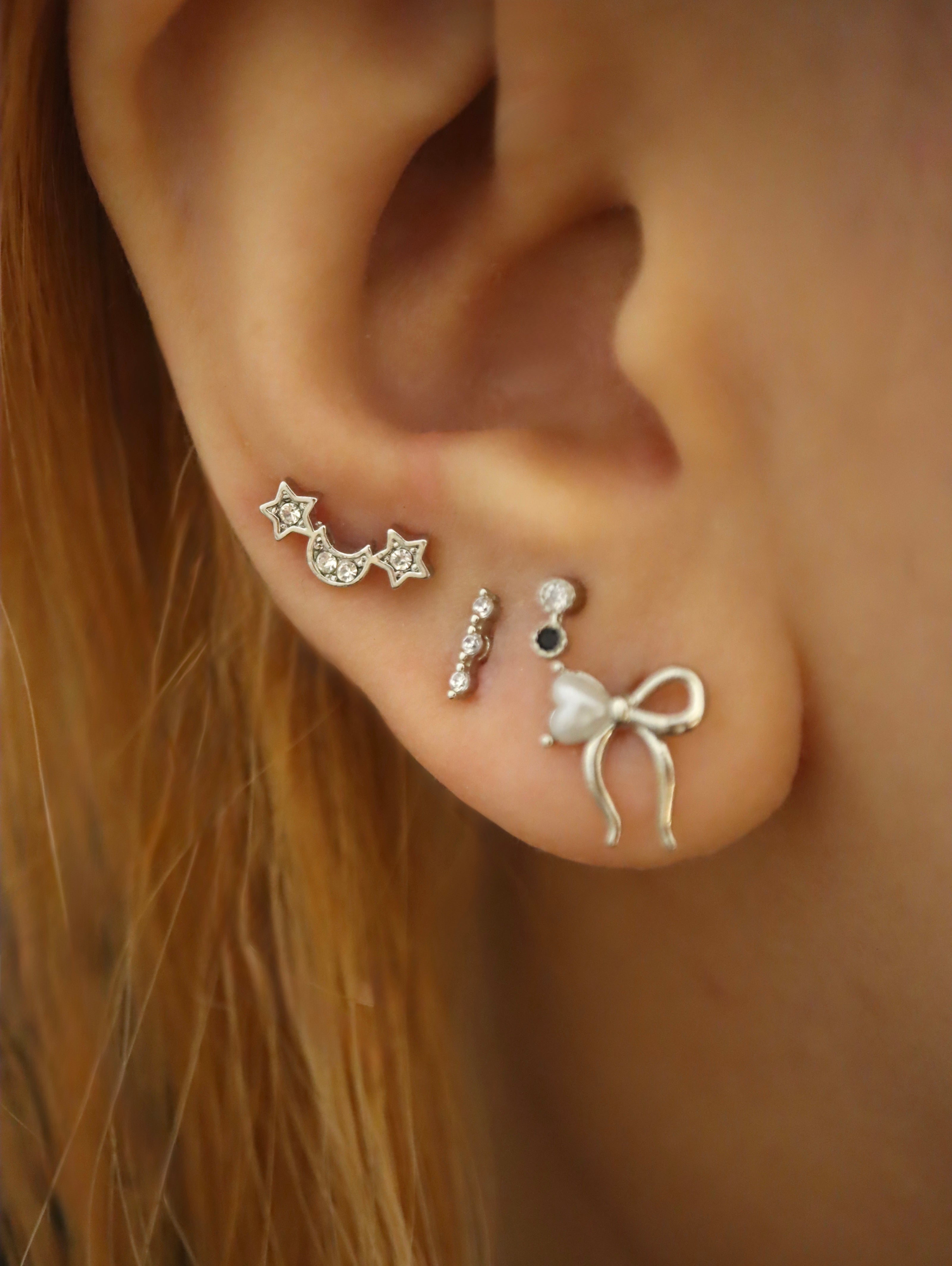 Curve bar star & crescent surgical steel piercing stud