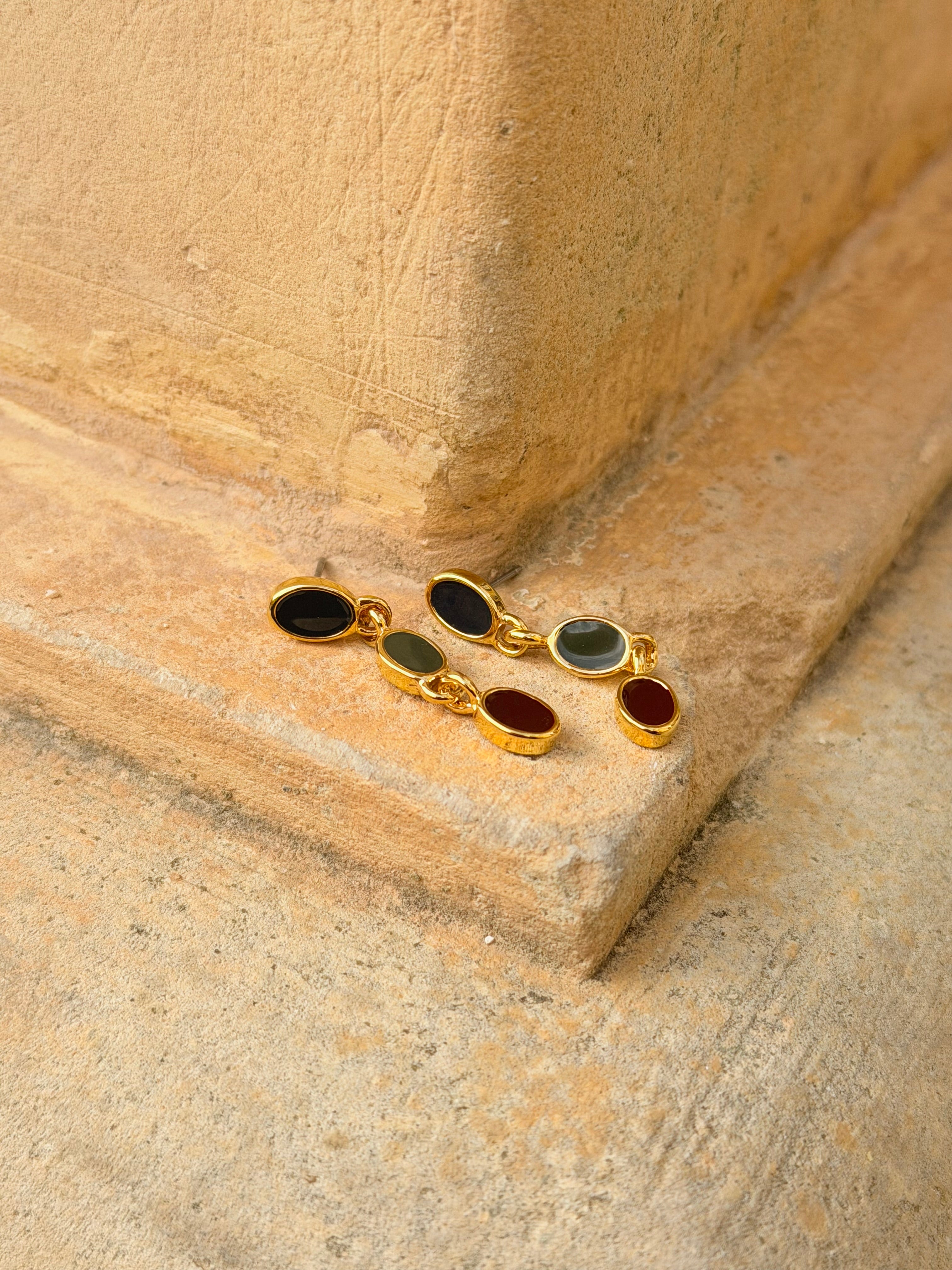 Drop coloured 24k golden plated brass earrings