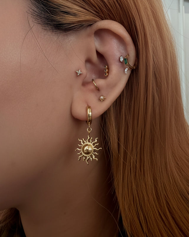 Hinged hoop drop rising sun earrings
