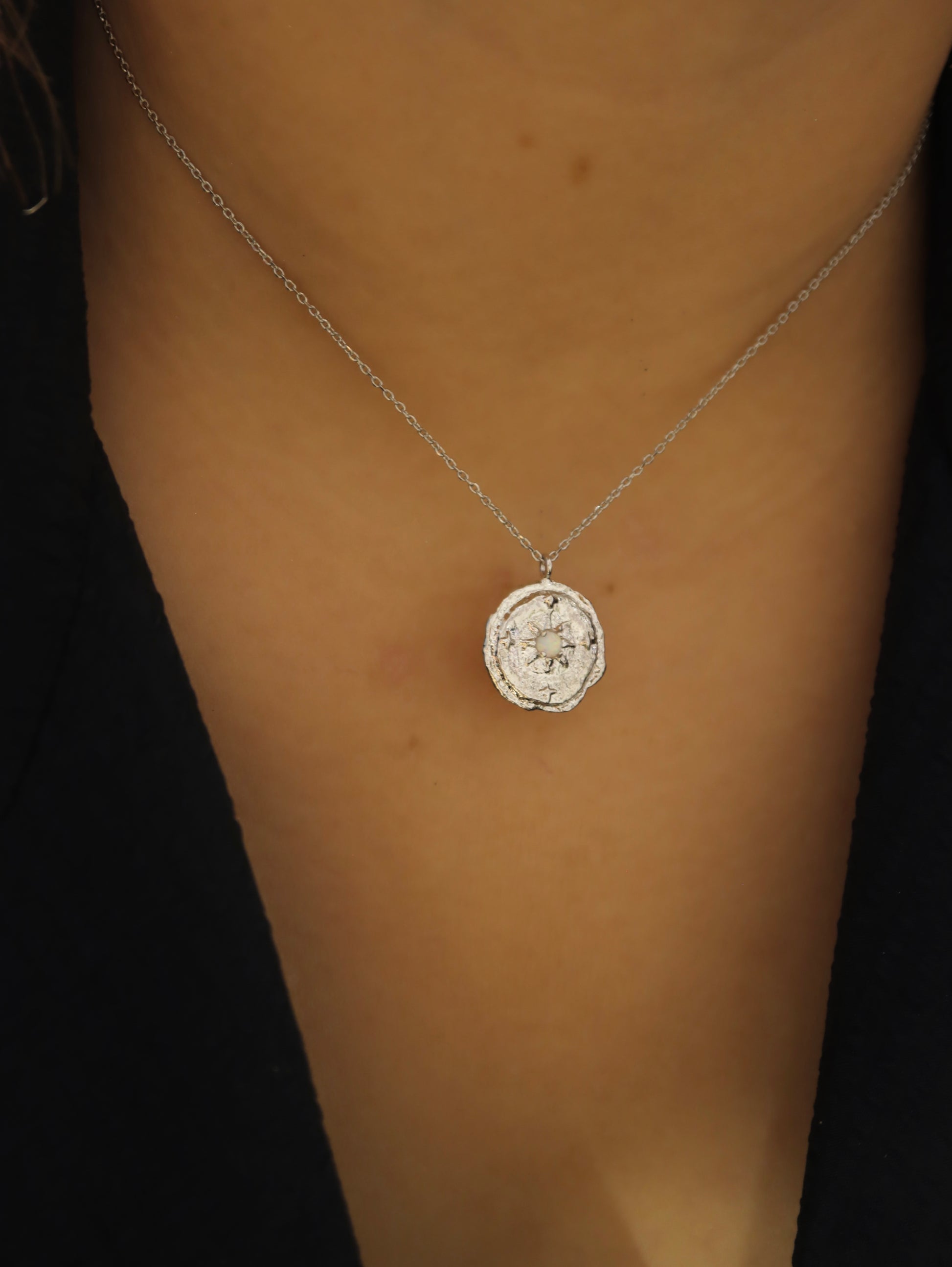 Opal coin brass necklace