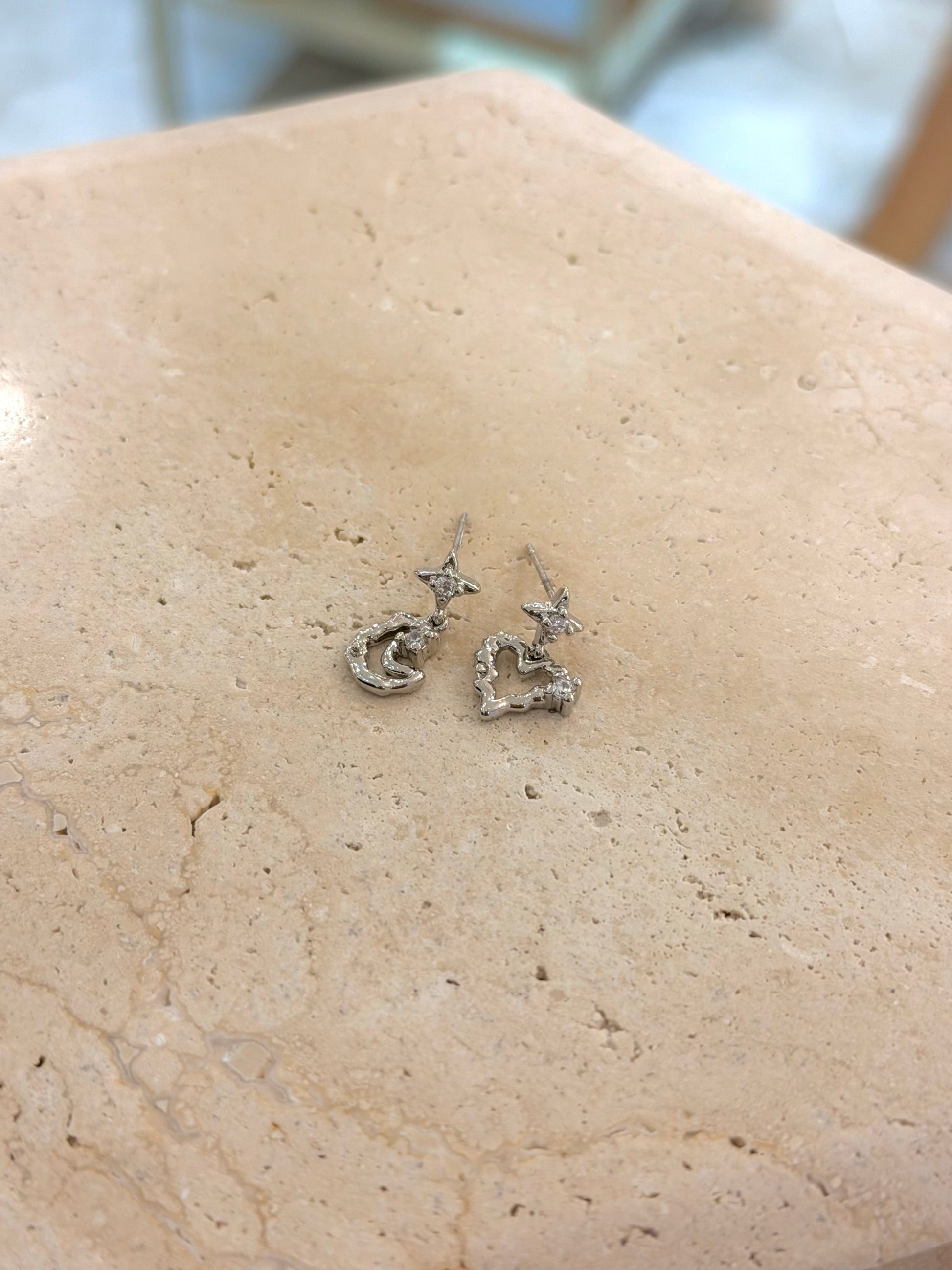 Sparkle drop heart & moon earrings