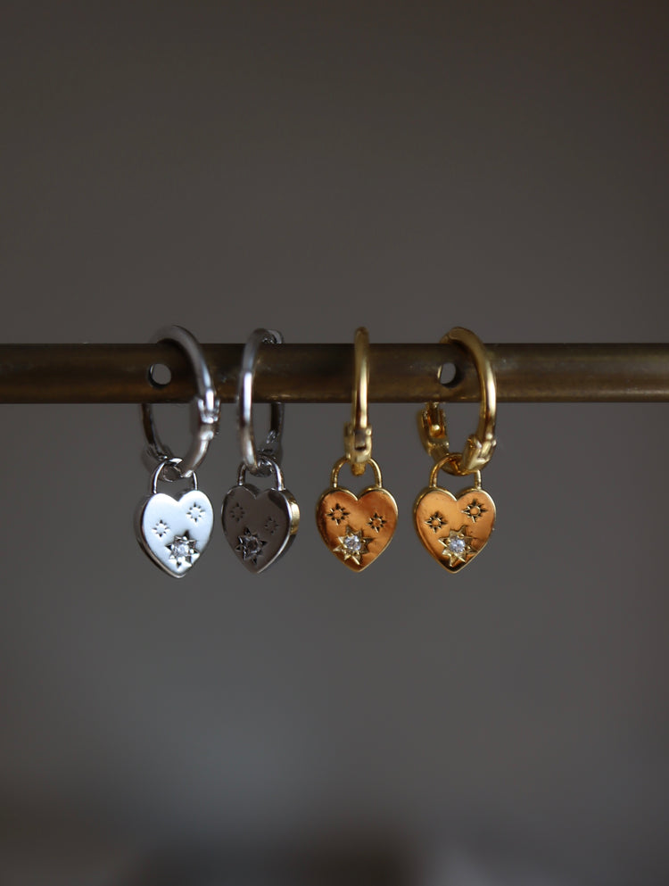 Drop stud cz heart 925 silver hoop earrings