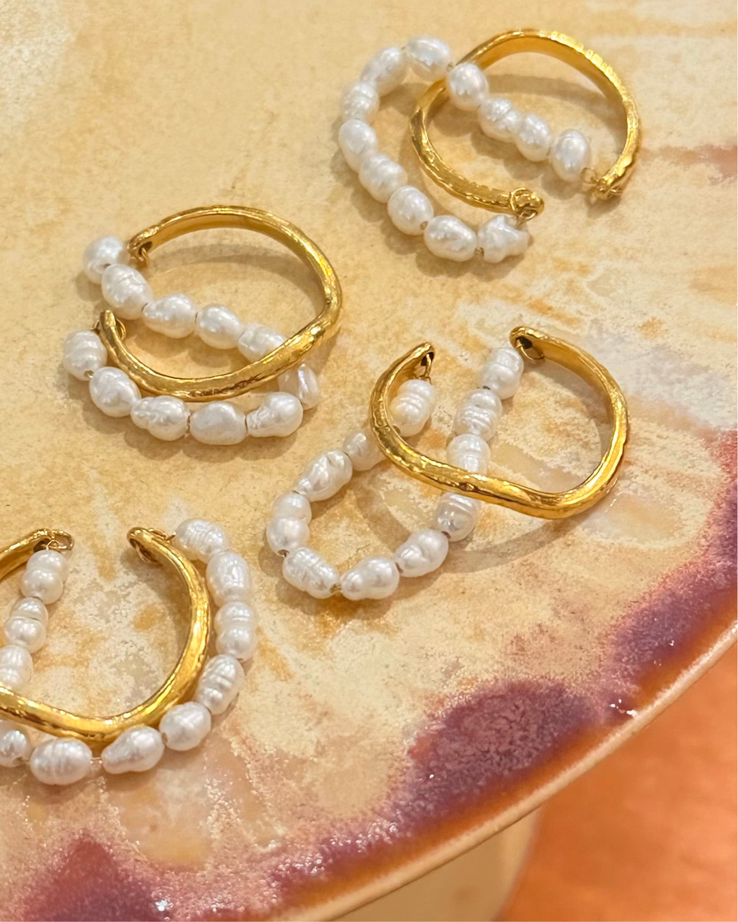 Raw pearl double band stainless steel ring