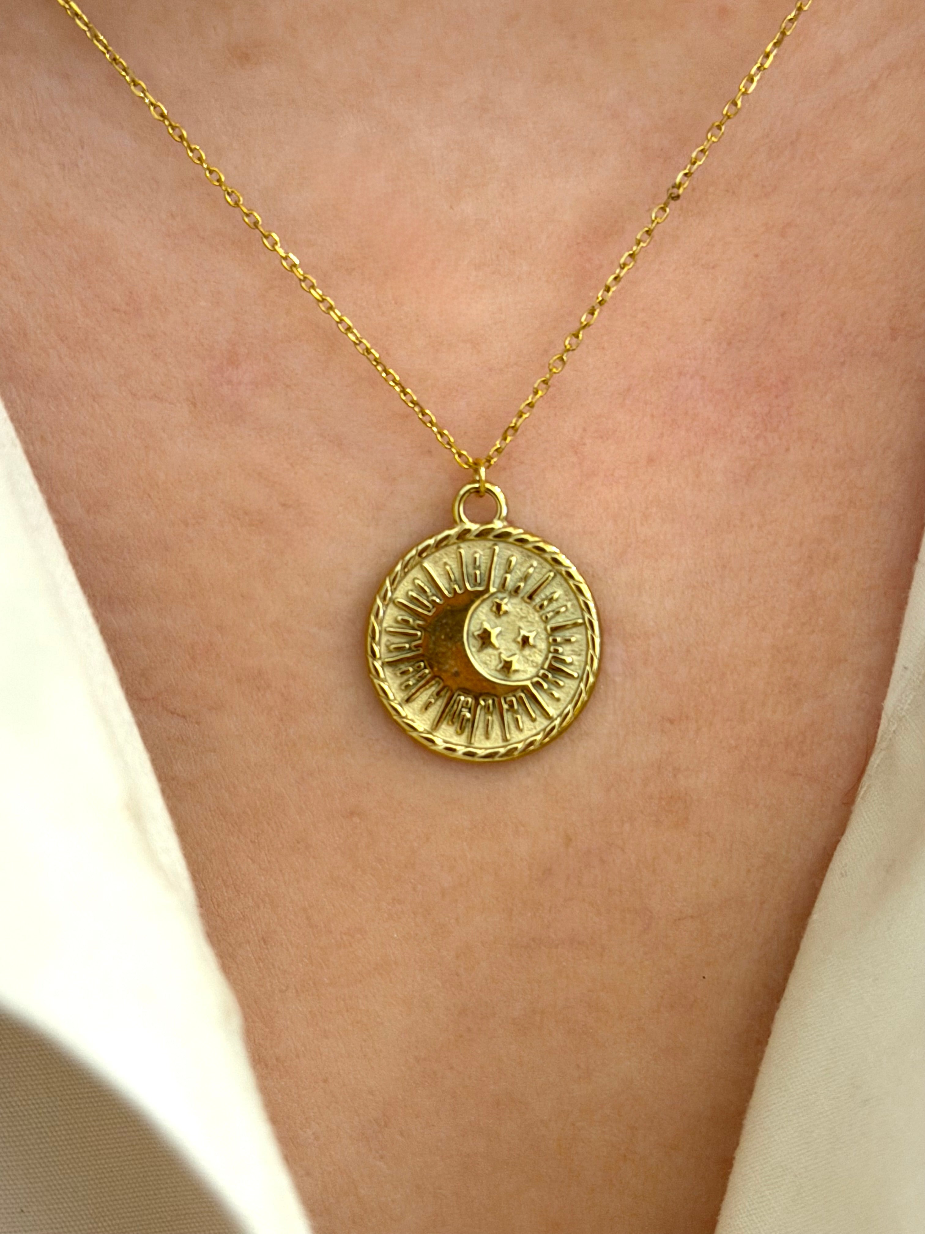 Stainless Steel Sun in Crescent Coin Necklace